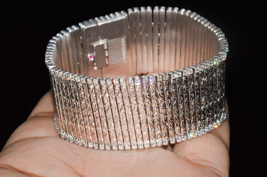 Rare Roberto Coin Natural 3.20CT Diamond Floral Scroll Work Wide Bracelet in Solid 18K White Gold