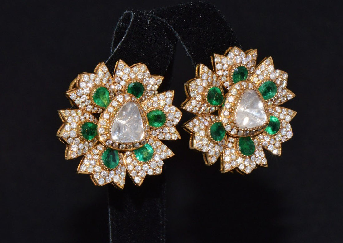 Estate Natural 6.40CTS Diamond & Emerald Solid 18K Gold Floral Earrings
