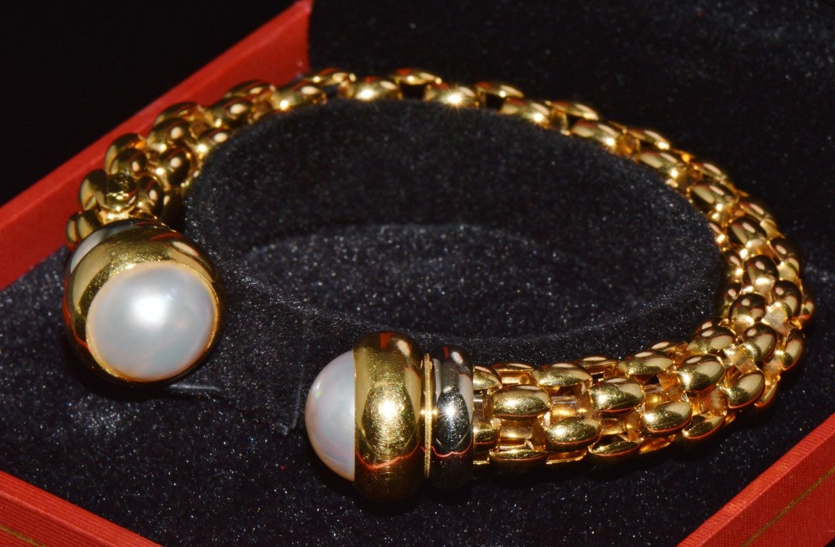 Vintage FOPE Flex’it Solid 18K Gold Pearl Open Cuff Bangle Bracelet