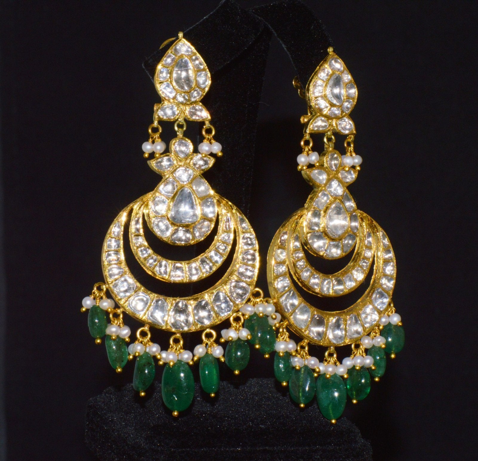 Estate Natural 36.6CTS Polki Diamond Emerald 22K 18K Gold Chandelier Earrings