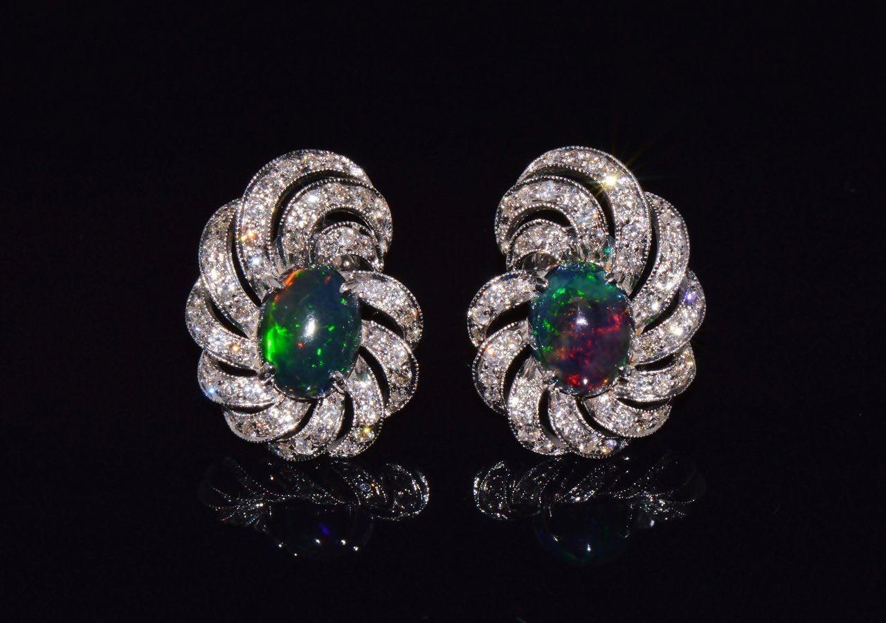 Certified Natural 3.45Cts VS F Diamond Black Opal 18K Solid Gold Cocktail Swirl Earrings