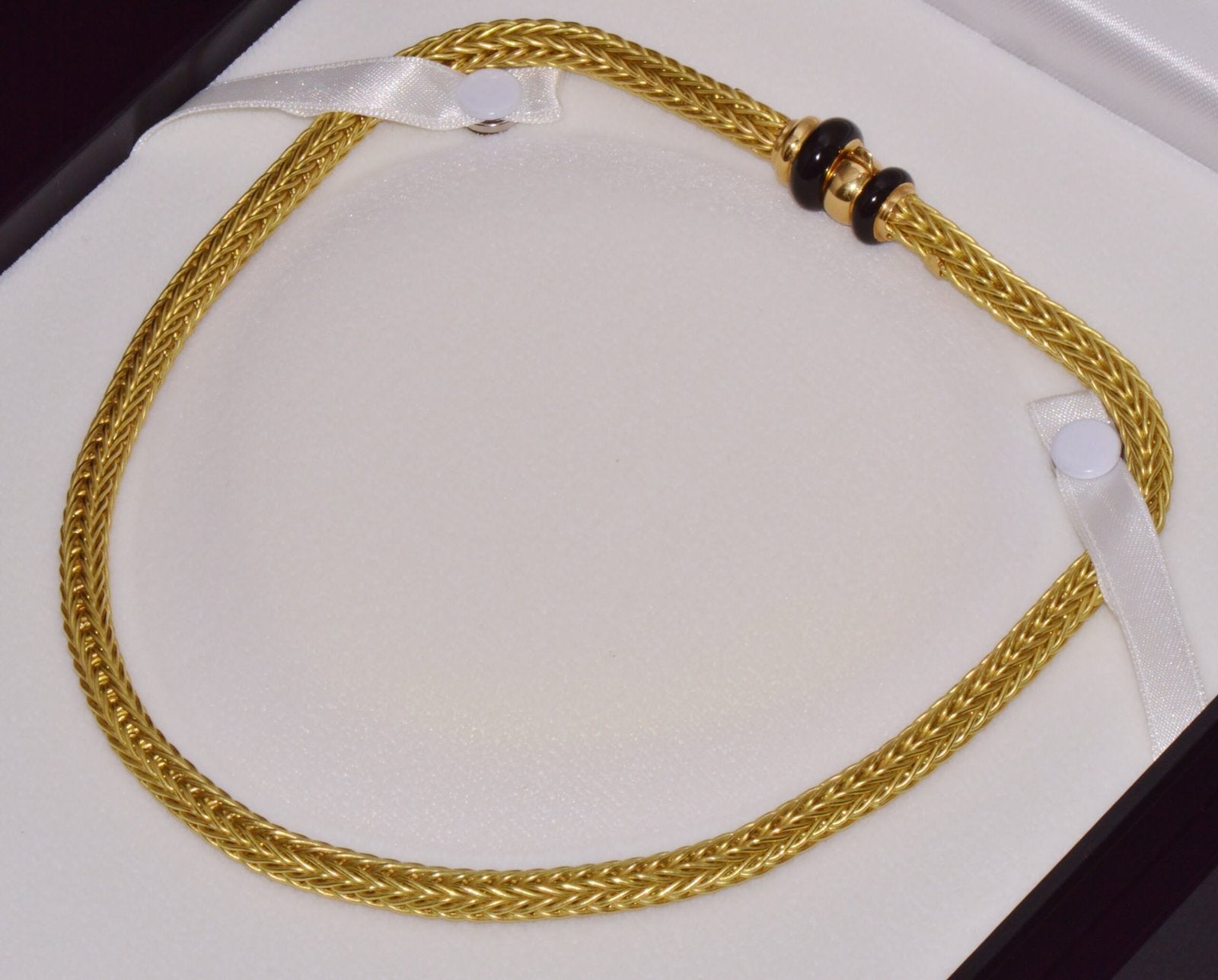 18K Solid Gold Italian Woven Braided Necklace with Black Enamel Accents 49.1g