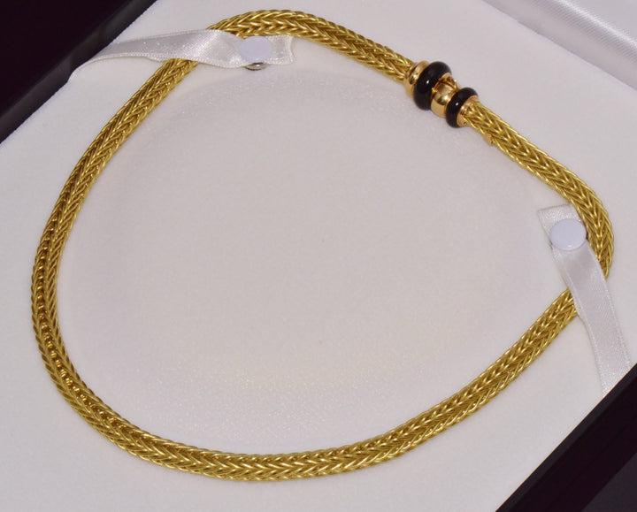 18K Solid Gold Italian Woven Braided Necklace with Black Enamel Accents 49.1g