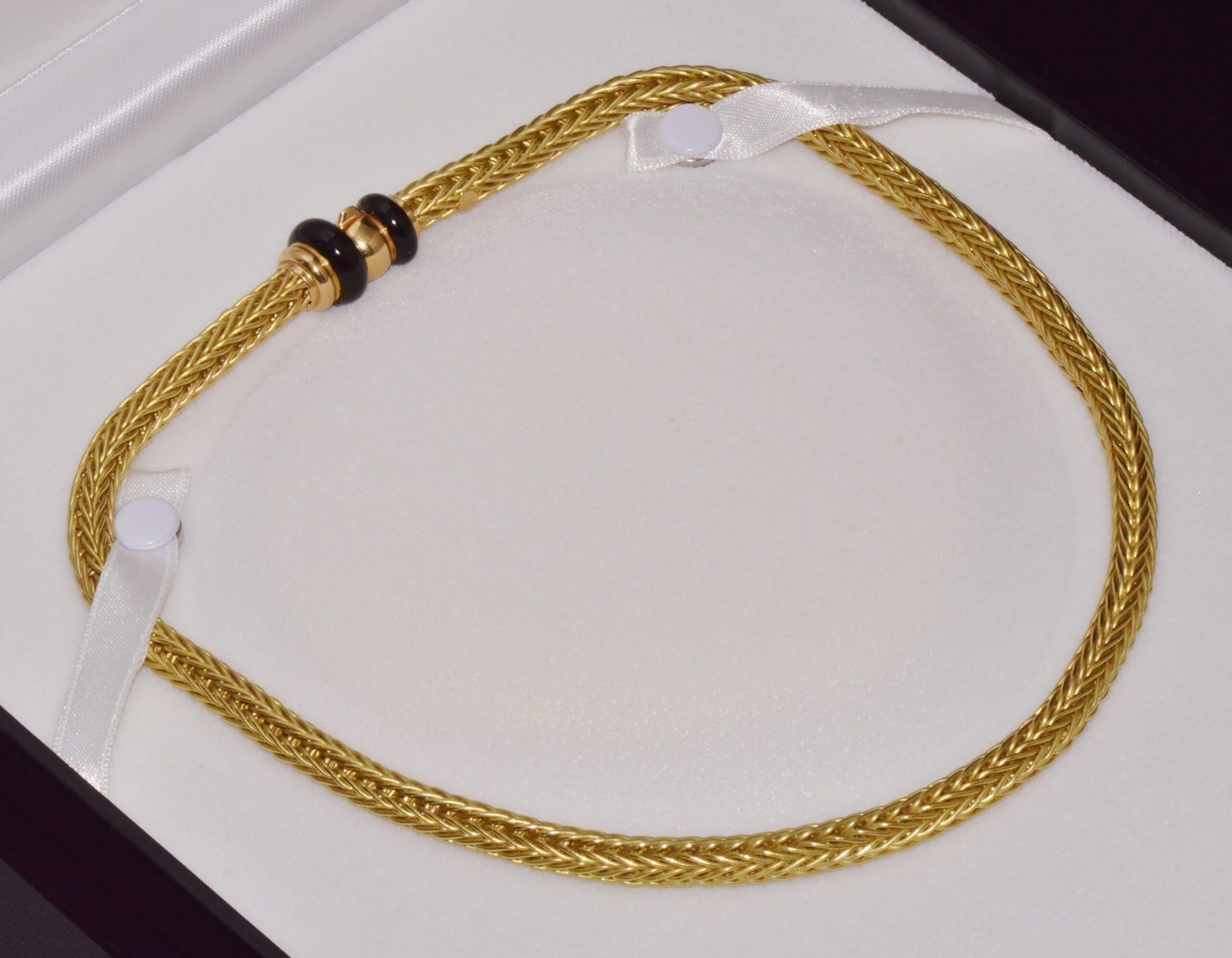 18K Solid Gold Italian Woven Braided Necklace with Black Enamel Accents 49.1g