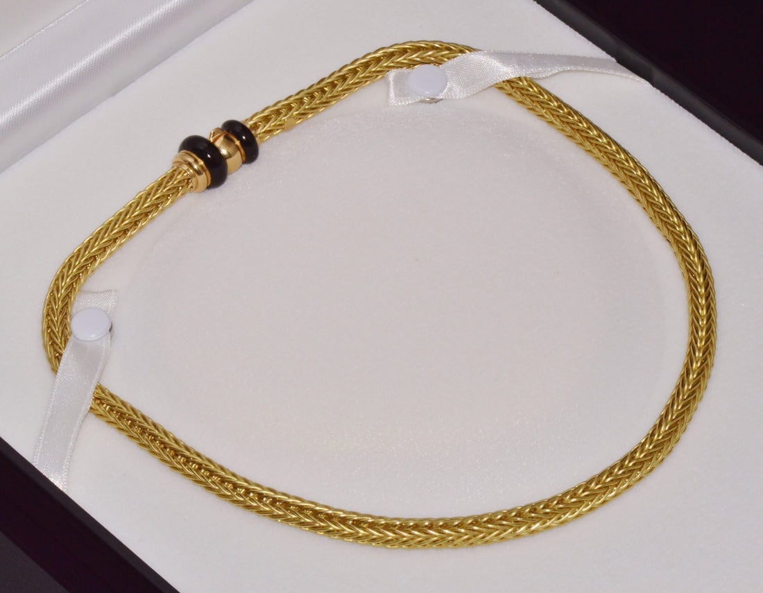 18K Solid Gold Italian Woven Braided Necklace with Black Enamel Accents 49.1g