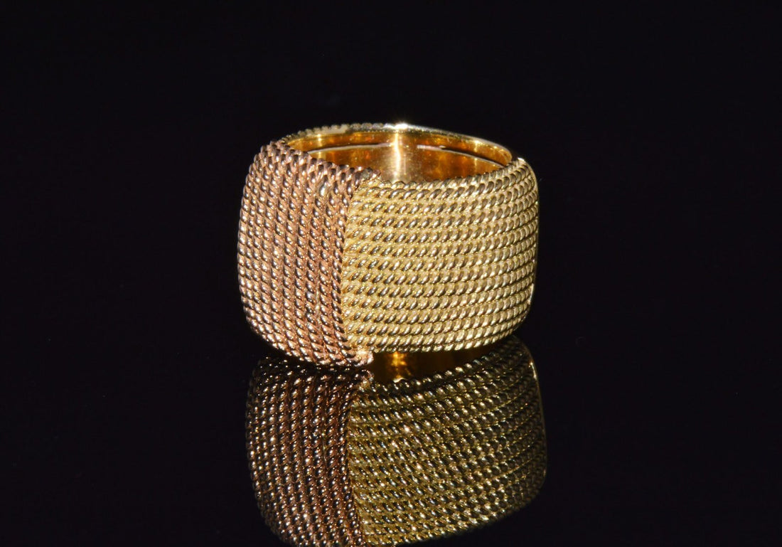 Authentic Vintage Roberto Coin Opera 18K Yellow & Rose Gold Wide Statement Band Ring with Hidden Ruby