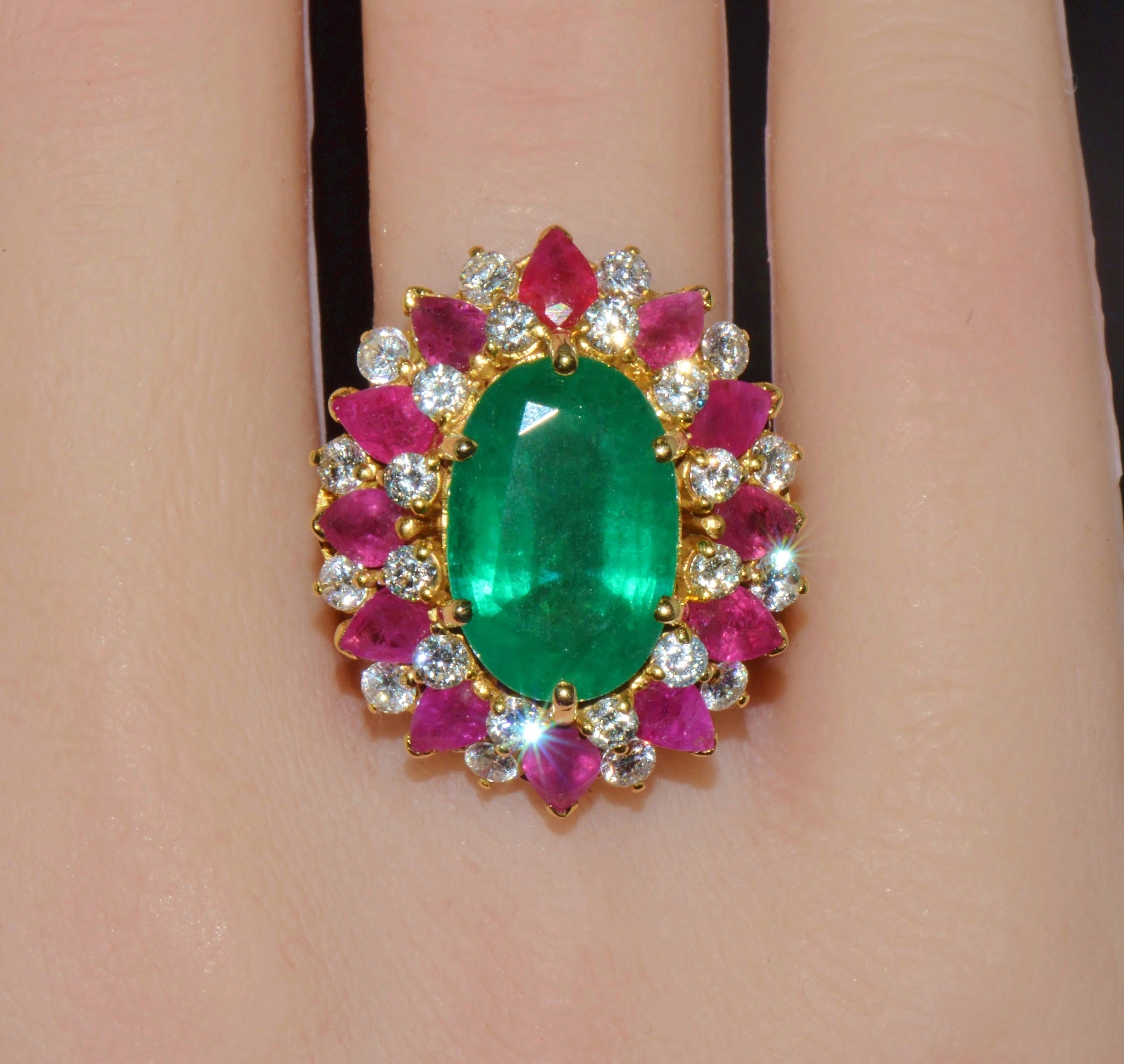 GIA Certified 11.39Ct Zambian Emerald, Ruby & Diamond 18K Gold Cocktail Ring