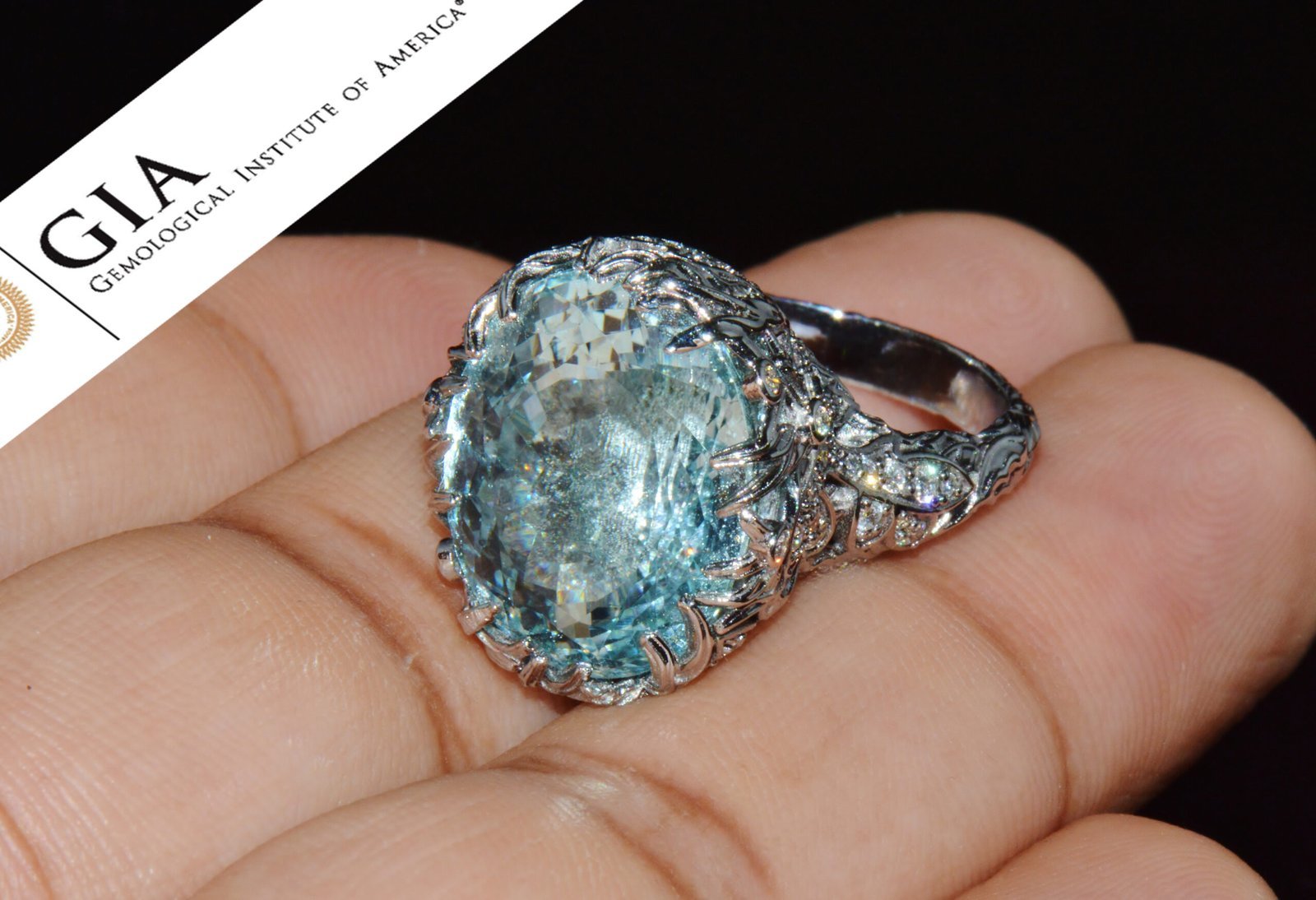 GIA Certified 16.03CT Aquamarine & Diamond 18K Gold Maple Leaf Sculptural Ring