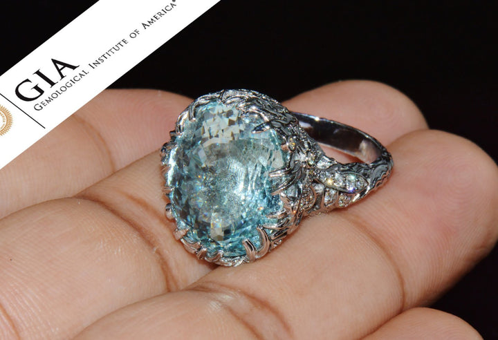 GIA Certified 16.03CT Aquamarine & Diamond 18K Gold Maple Leaf Sculptural Ring