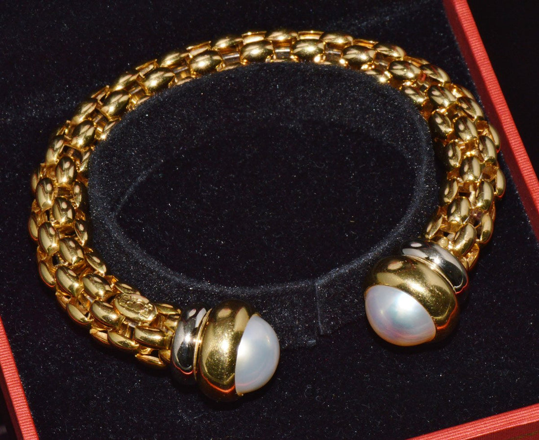 Vintage FOPE Flex’it Solid 18K Gold Pearl Open Cuff Bangle Bracelet