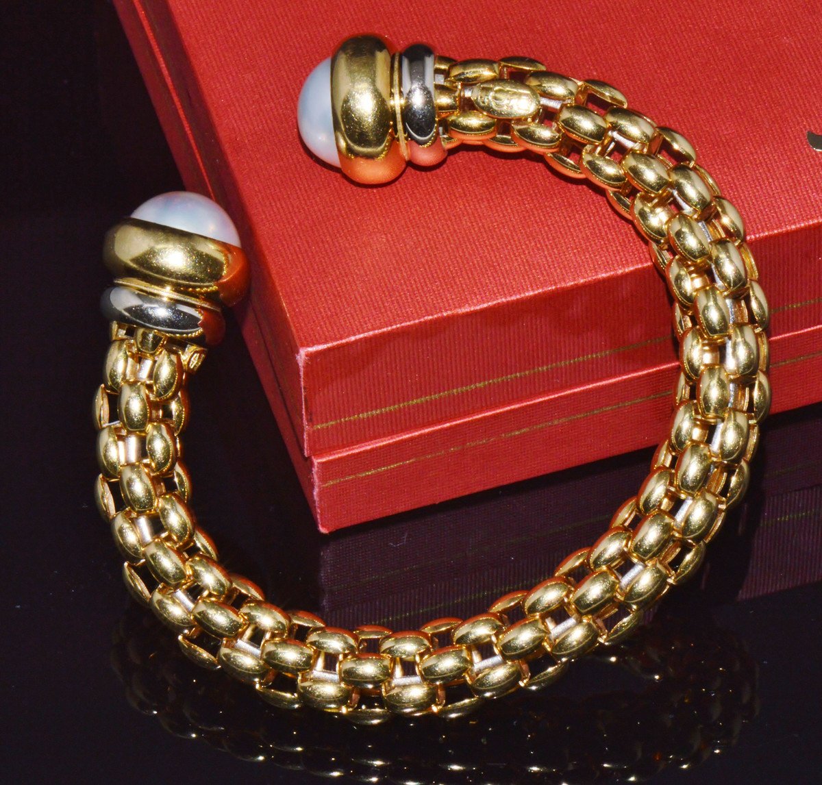 Vintage FOPE Flex’it Solid 18K Gold Pearl Open Cuff Bangle Bracelet