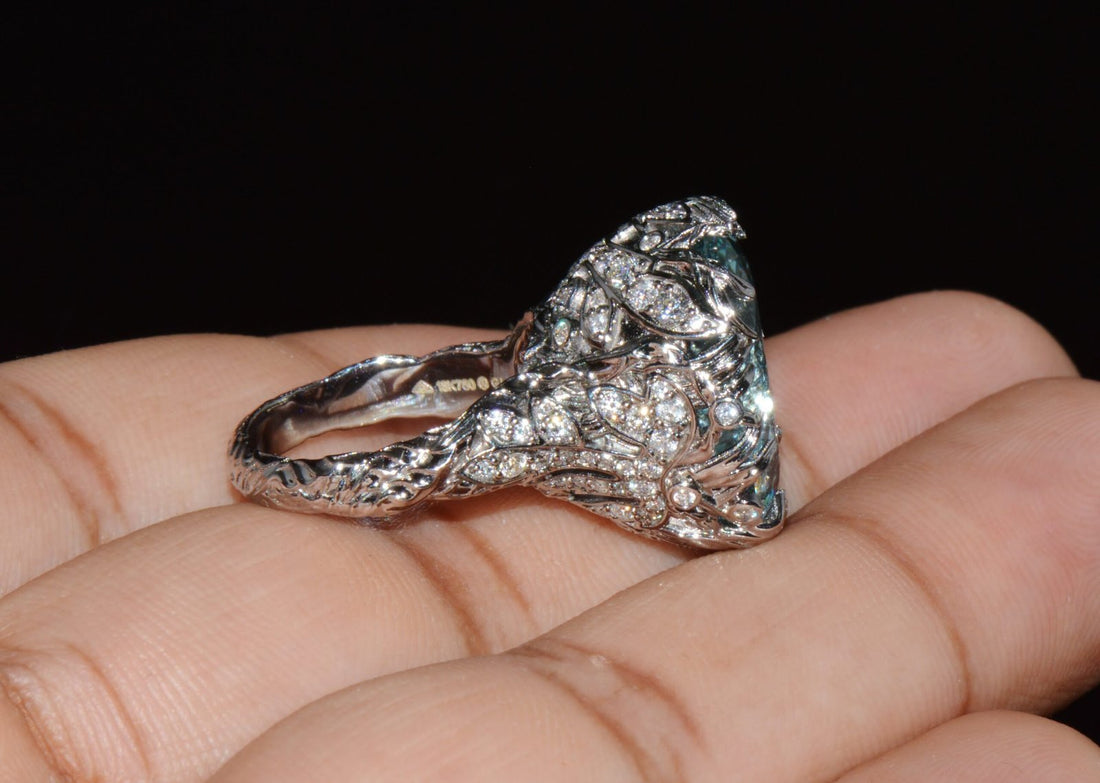 GIA Certified 16.03CT Aquamarine & Diamond 18K Gold Maple Leaf Sculptural Ring