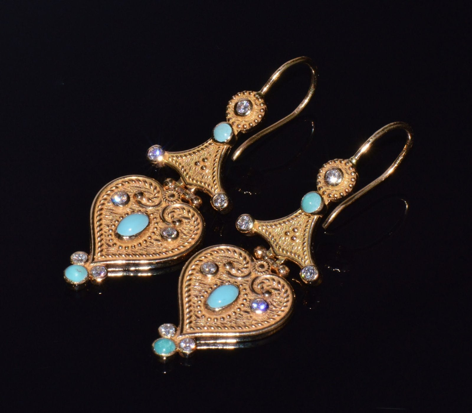 Gorgeous Natural Diamond Turquoise 18K Solid Gold Byzantine Beaded Greek Dangle Earrings