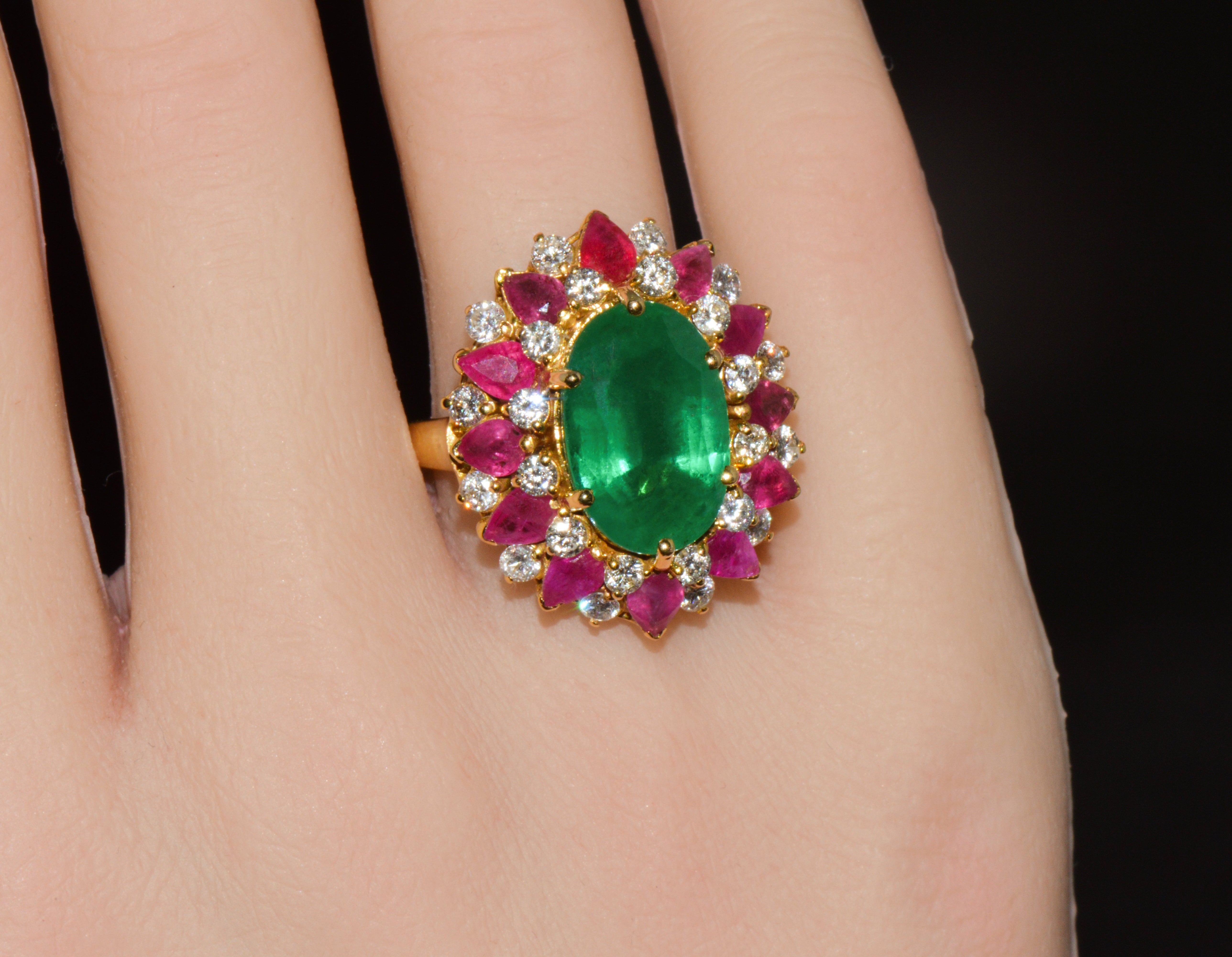 GIA Certified 11.39Ct Zambian Emerald, Ruby & Diamond 18K Gold Cocktail Ring