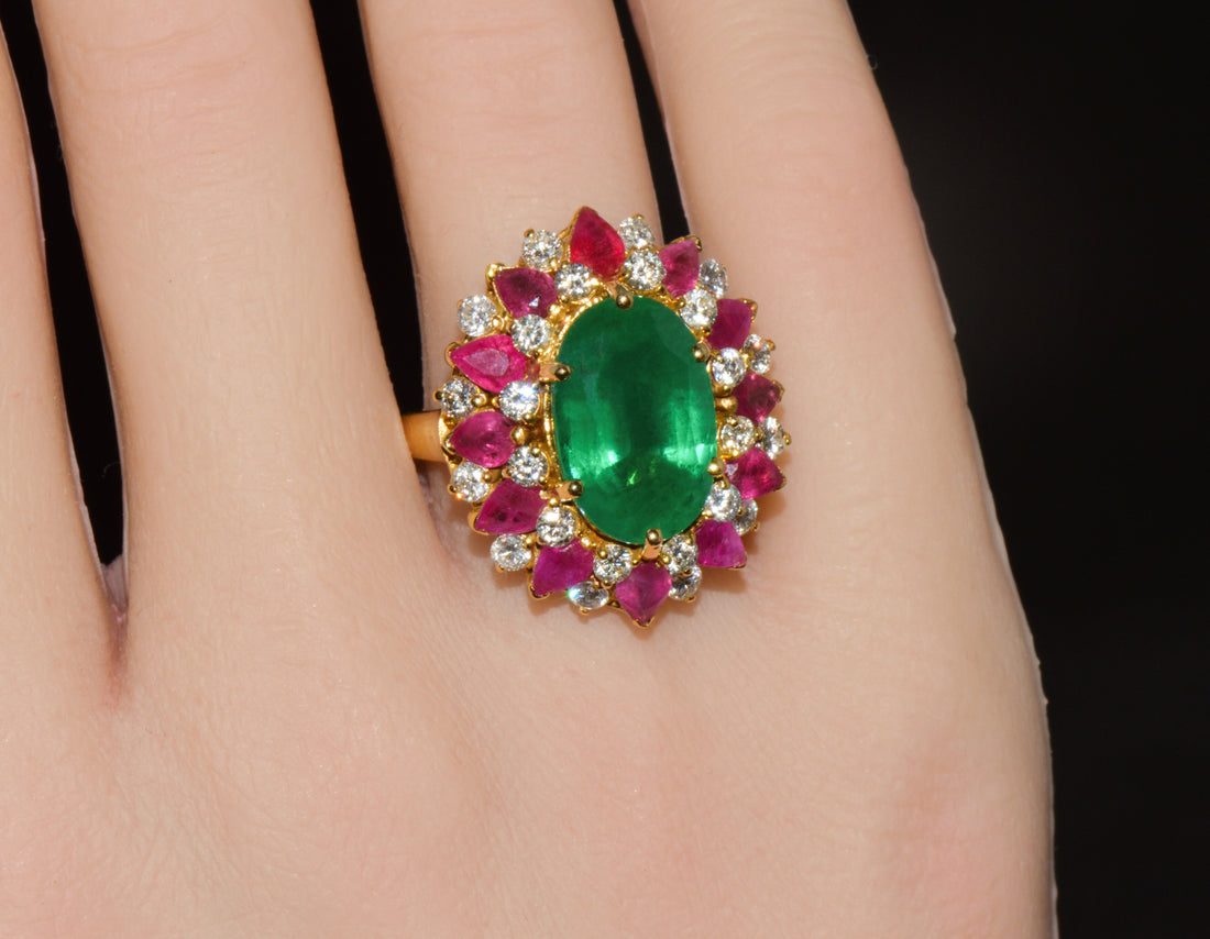 GIA Certified 11.39Ct Zambian Emerald, Ruby & Diamond 18K Gold Cocktail Ring
