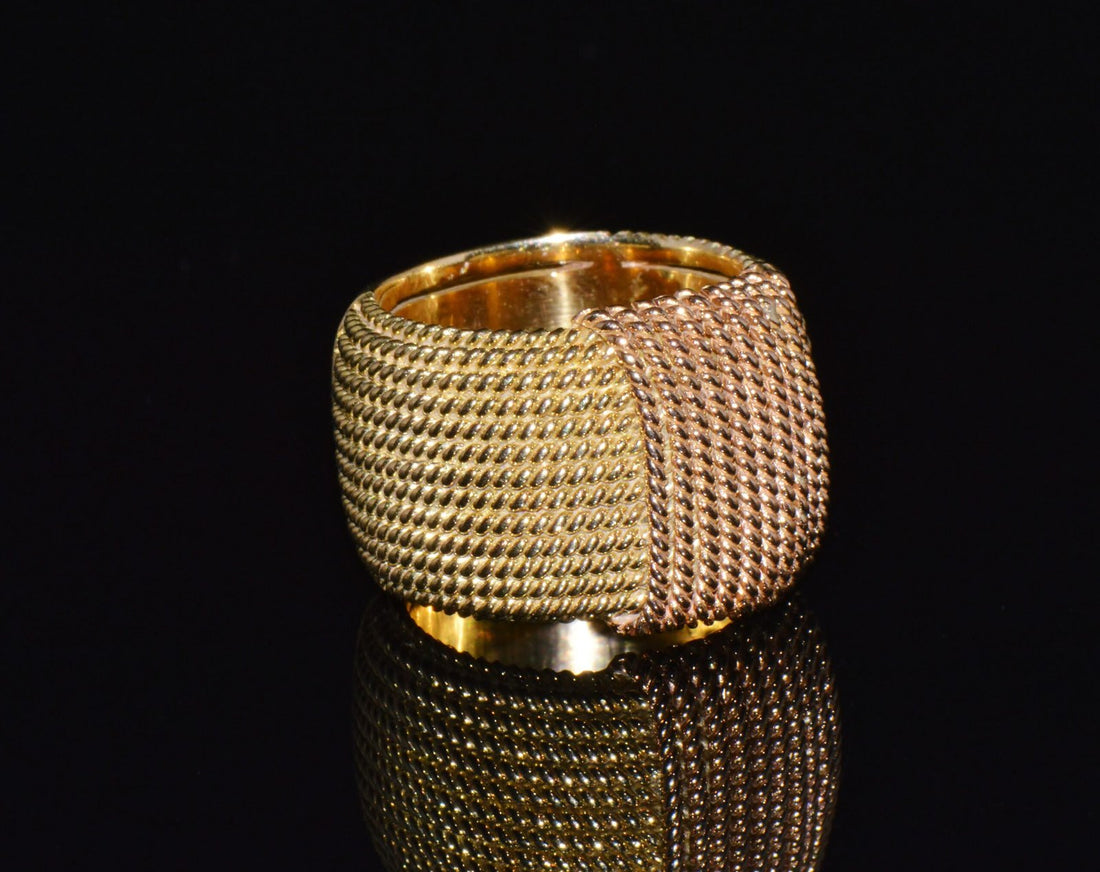 Authentic Vintage Roberto Coin Opera 18K Yellow & Rose Gold Wide Statement Band Ring with Hidden Ruby
