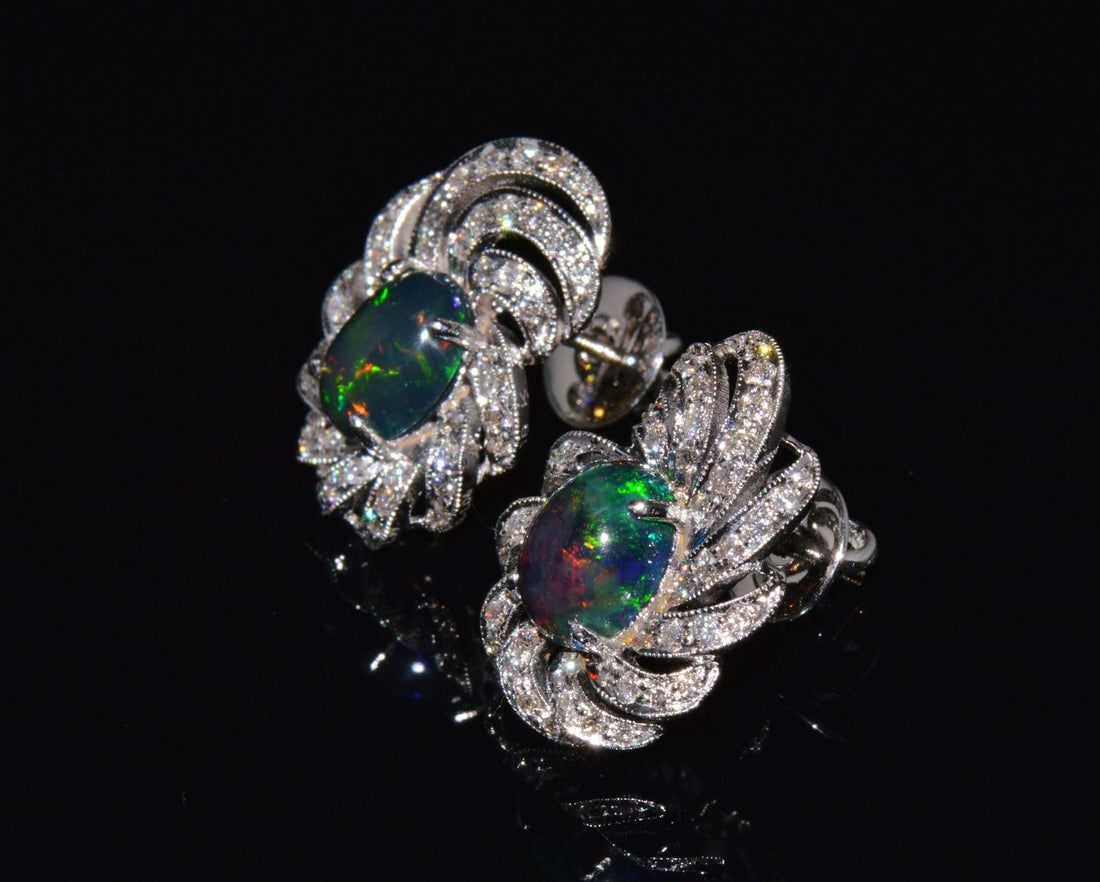 Certified Natural 3.45Cts VS F Diamond Black Opal 18K Solid Gold Cocktail Swirl Earrings