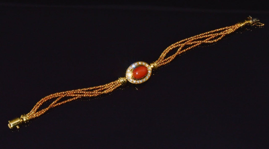 Designer Italian Natural Mediterranean Coral Diamond 18K Solid Gold Multi-Strand Bracelet