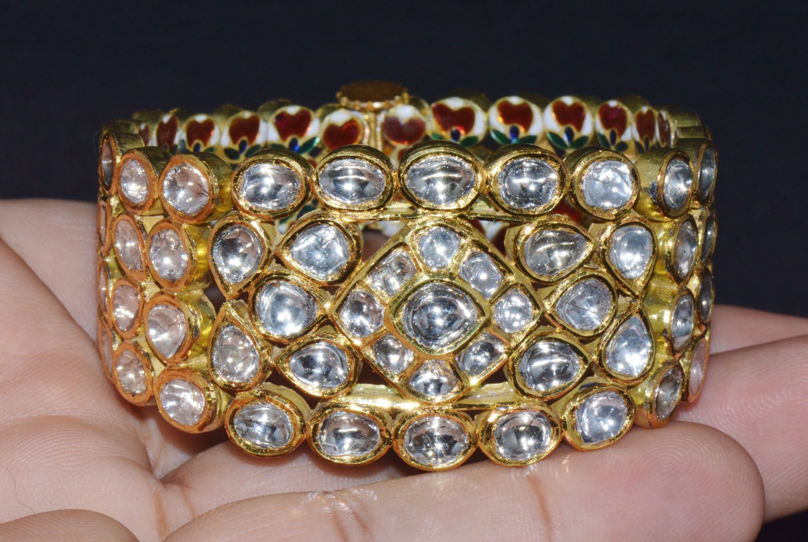 Estate 22K Solid Gold Natural Diamond Enamel Bangles Bracelets