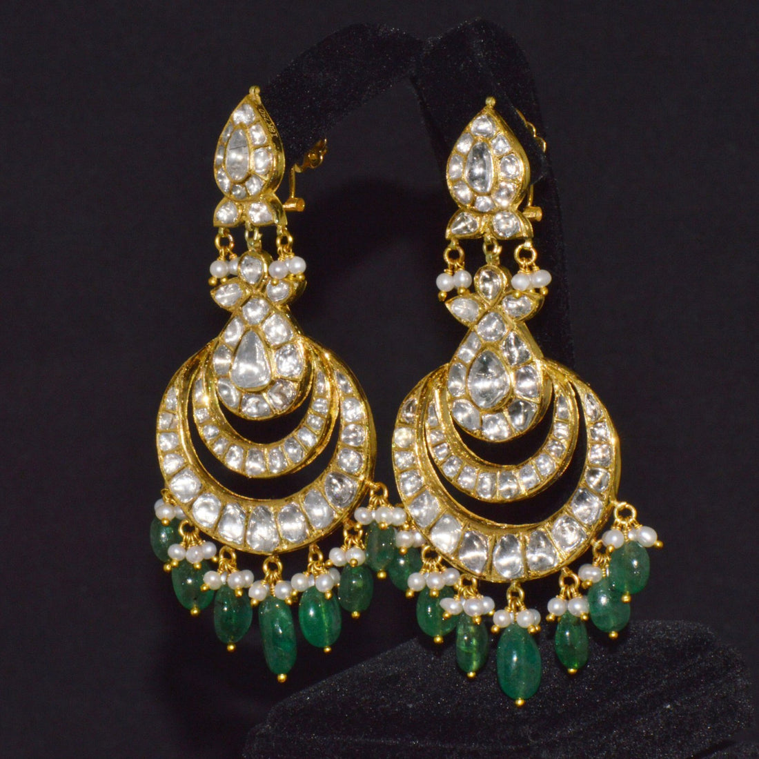 Estate Natural 36.6CTS Polki Diamond Emerald 22K 18K Gold Chandelier Earrings