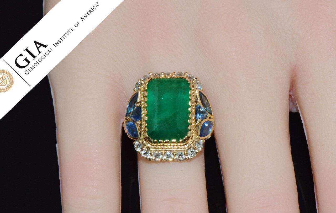 GIA Certified Natural 12.80CTS Emerald Sapphire Diamond 18K Solid Gold Cocktail Ring