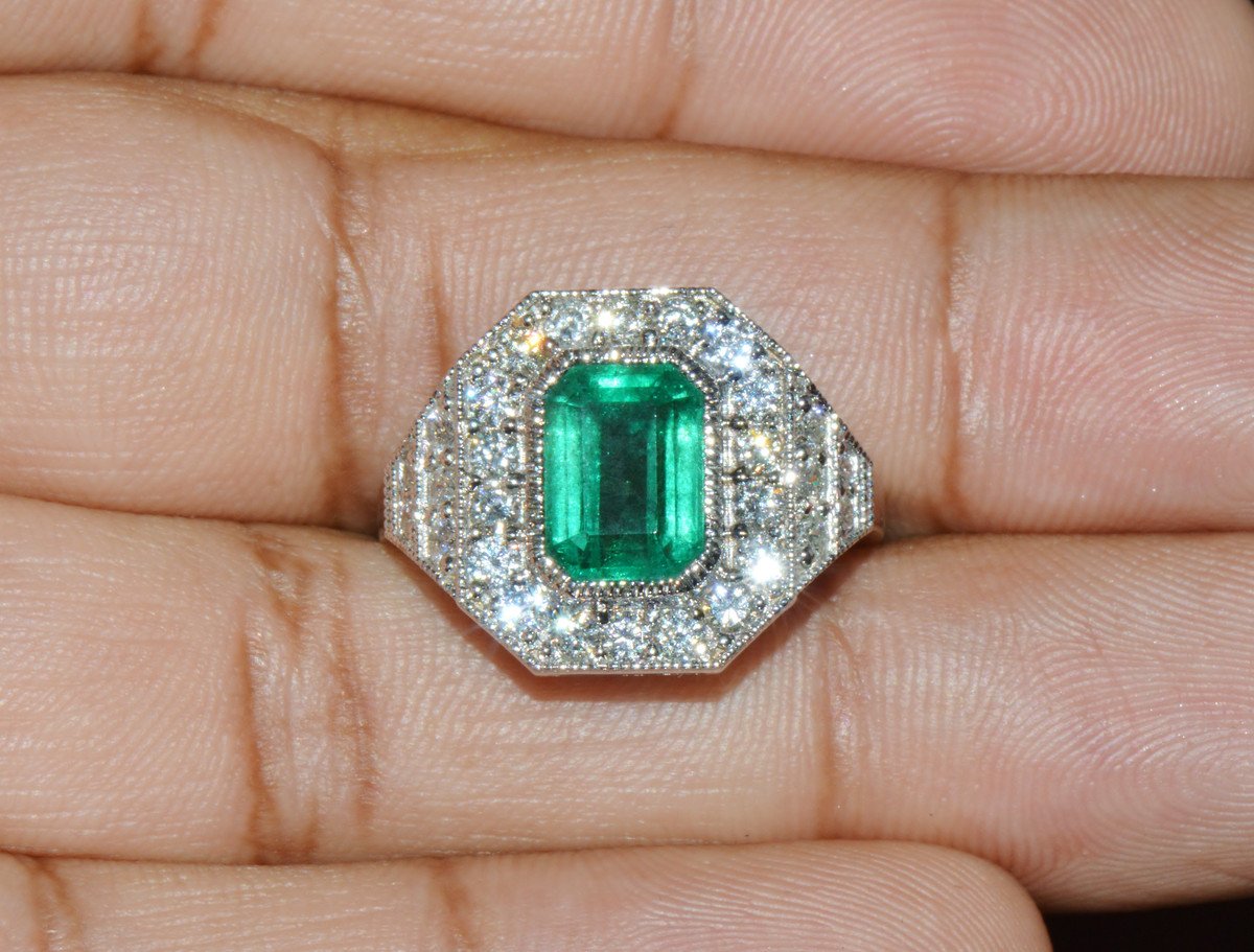 GIA Certified 3.98CT Natural Zambian Emerald & Diamond Tiered Halo Milgrain 18K White Gold Ring