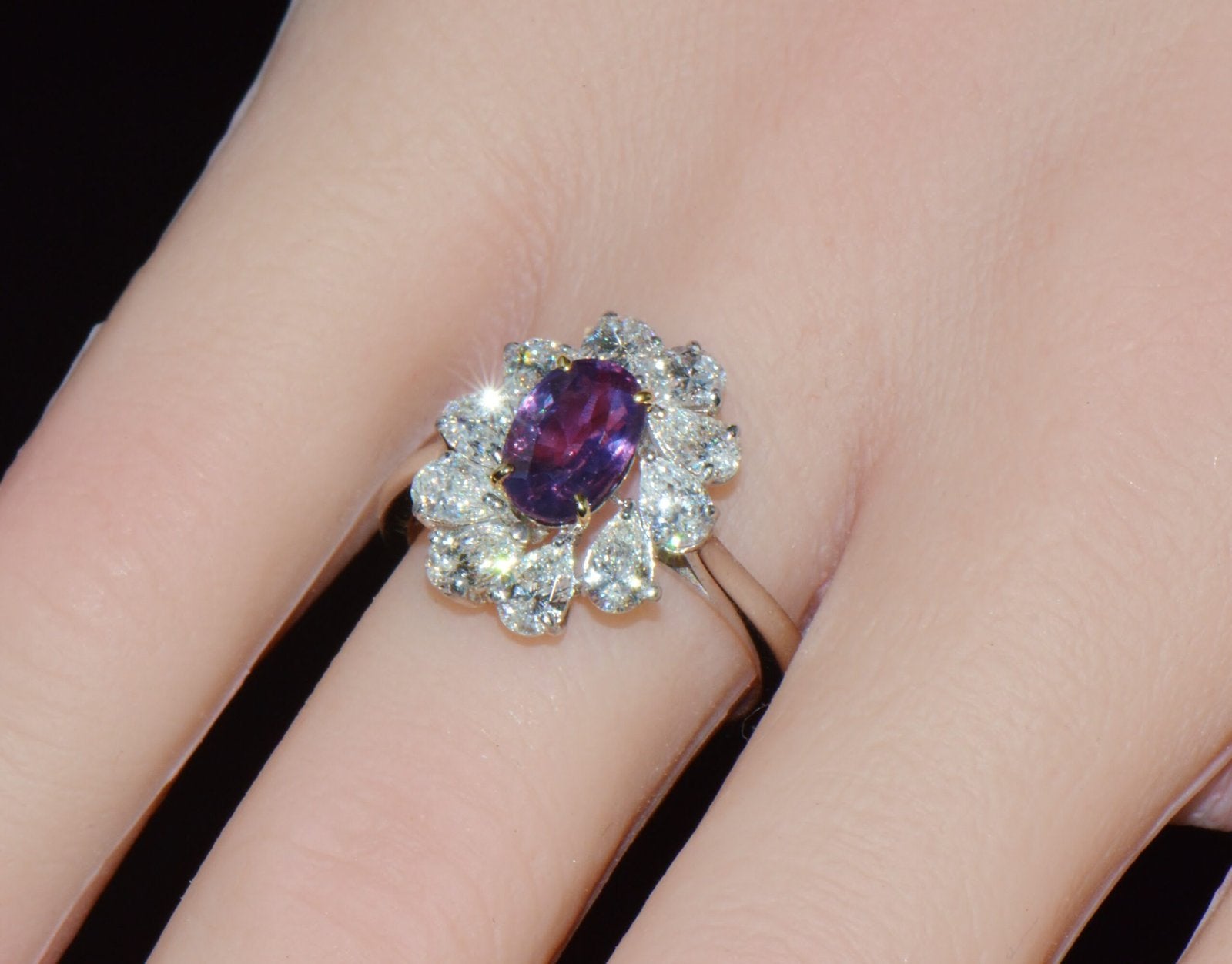 GIA Certified 3.15CT No-Heat Purple Pink Sapphire & Diamond 18K Gold Halo Ring