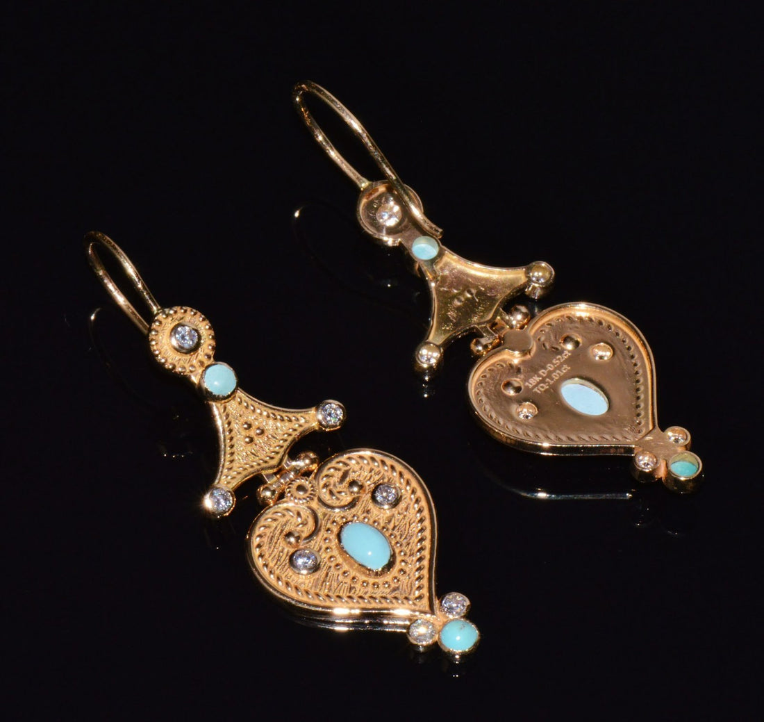 Gorgeous Natural Diamond Turquoise 18K Solid Gold Byzantine Beaded Greek Dangle Earrings