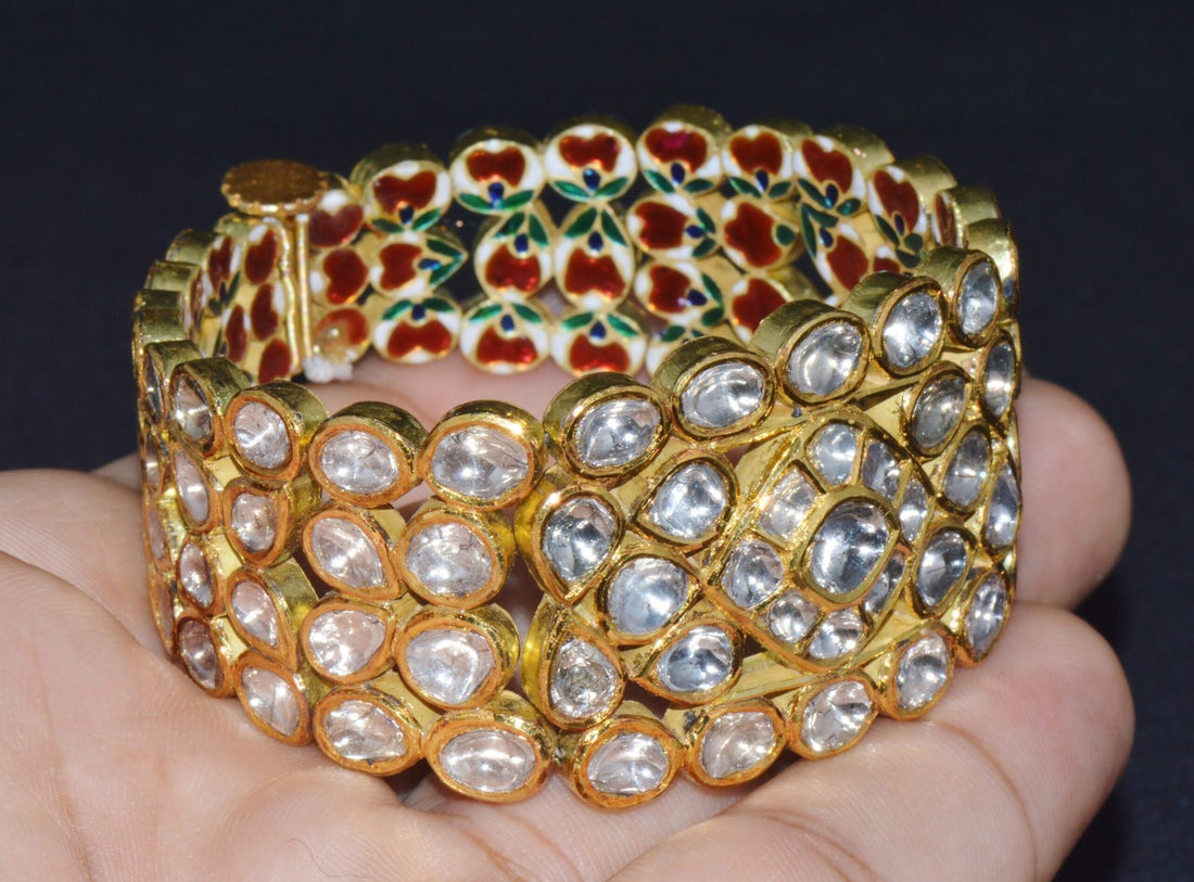 Estate 22K Solid Gold Natural Diamond Enamel Bangles Bracelets