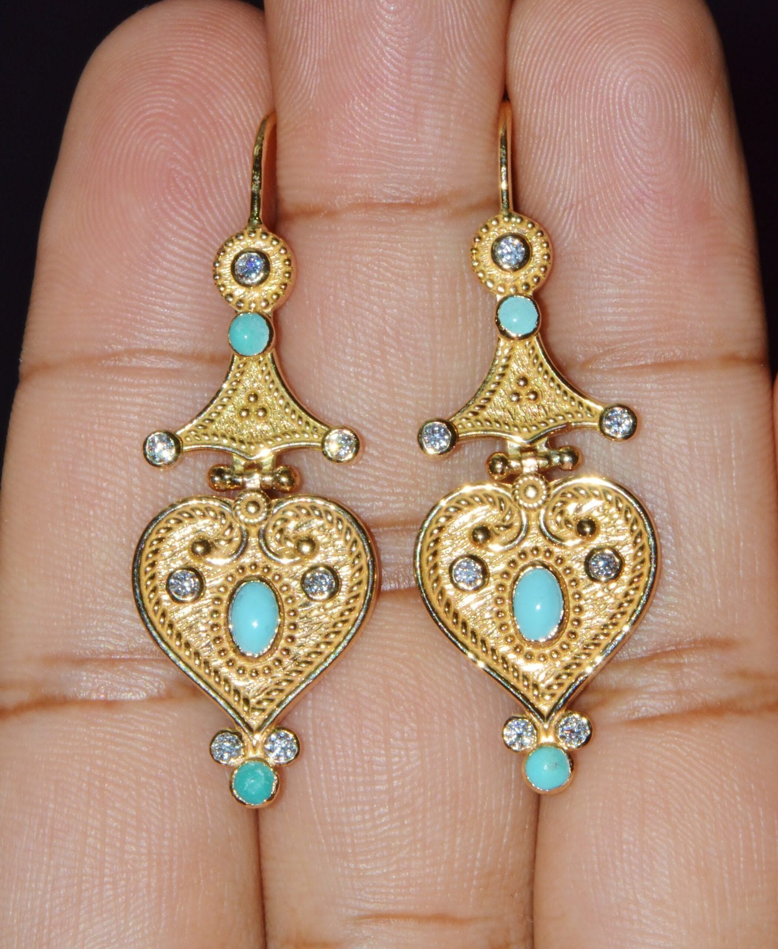 Gorgeous Natural Diamond Turquoise 18K Solid Gold Byzantine Beaded Greek Dangle Earrings