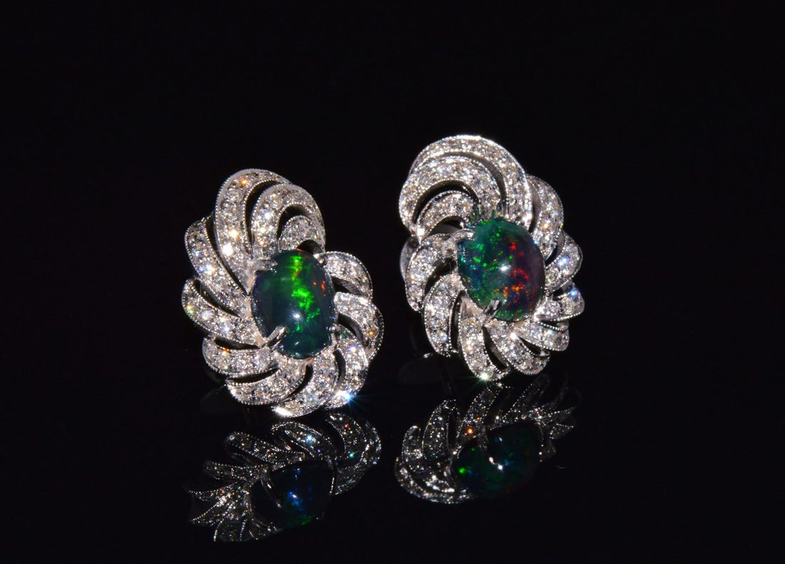 Certified Natural 3.45Cts VS F Diamond Black Opal 18K Solid Gold Cocktail Swirl Earrings