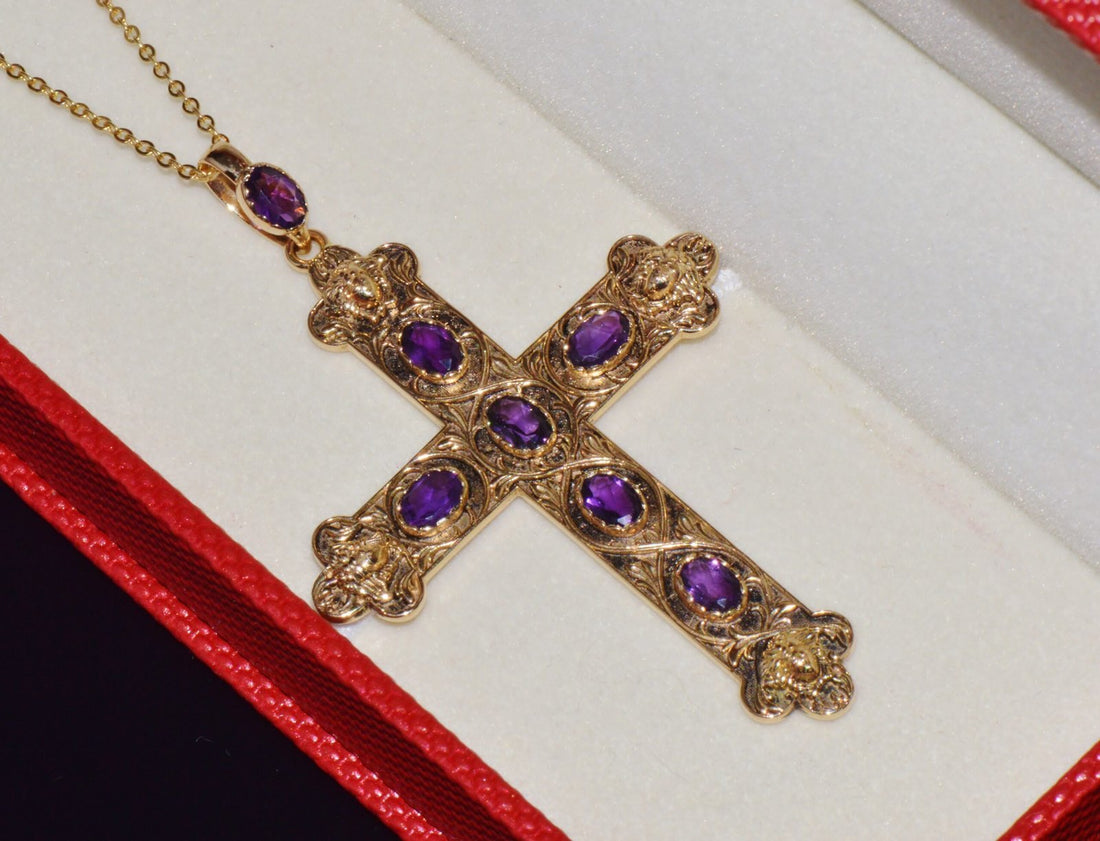 Certified Natural 2.95Cts Amethyst 18K 750 Solid Gold Engraved Cross Etruscan Pendant