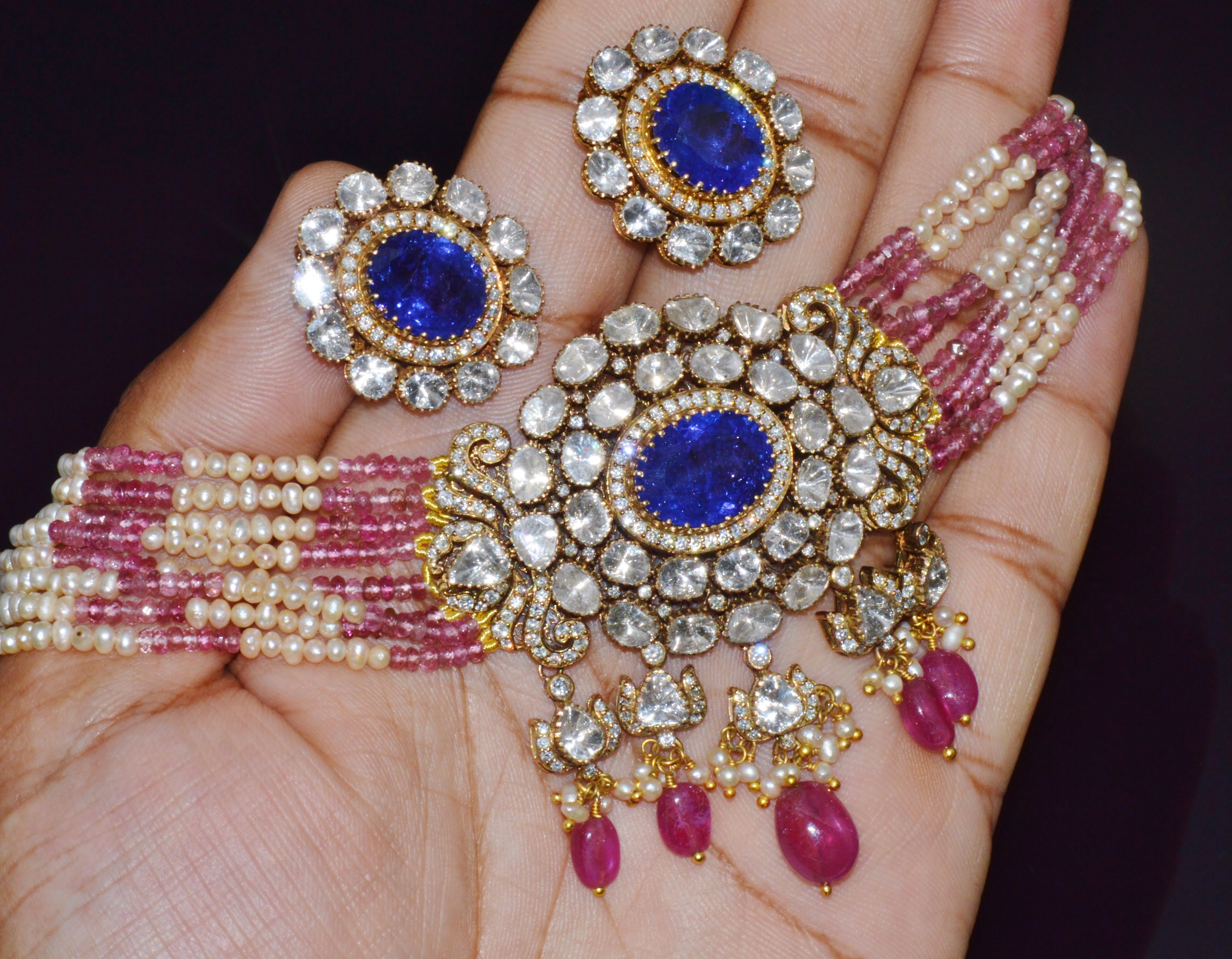 Natural 121.63Cts Tanzanite Uncut Diamond Pearl Ruby Tourmaline Solid 18K Gold Choker Necklace & Earrings Set