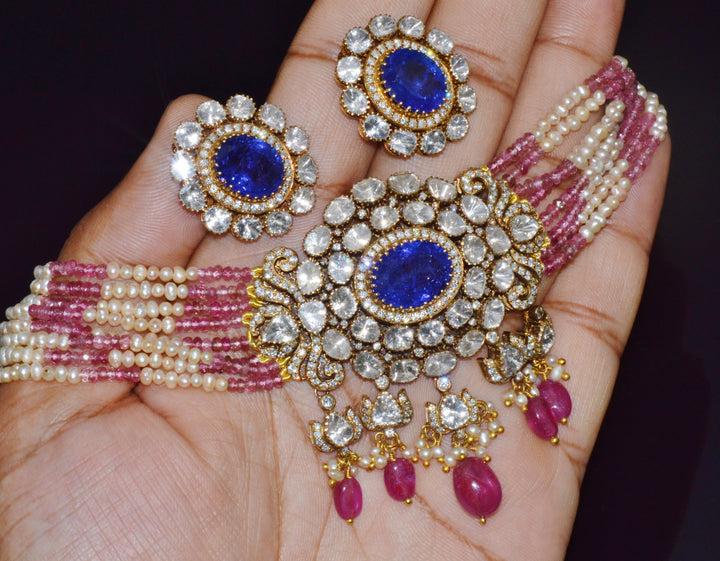 Natural 121.63Cts Tanzanite Uncut Diamond Pearl Ruby Tourmaline Solid 18K Gold Choker Necklace & Earrings Set