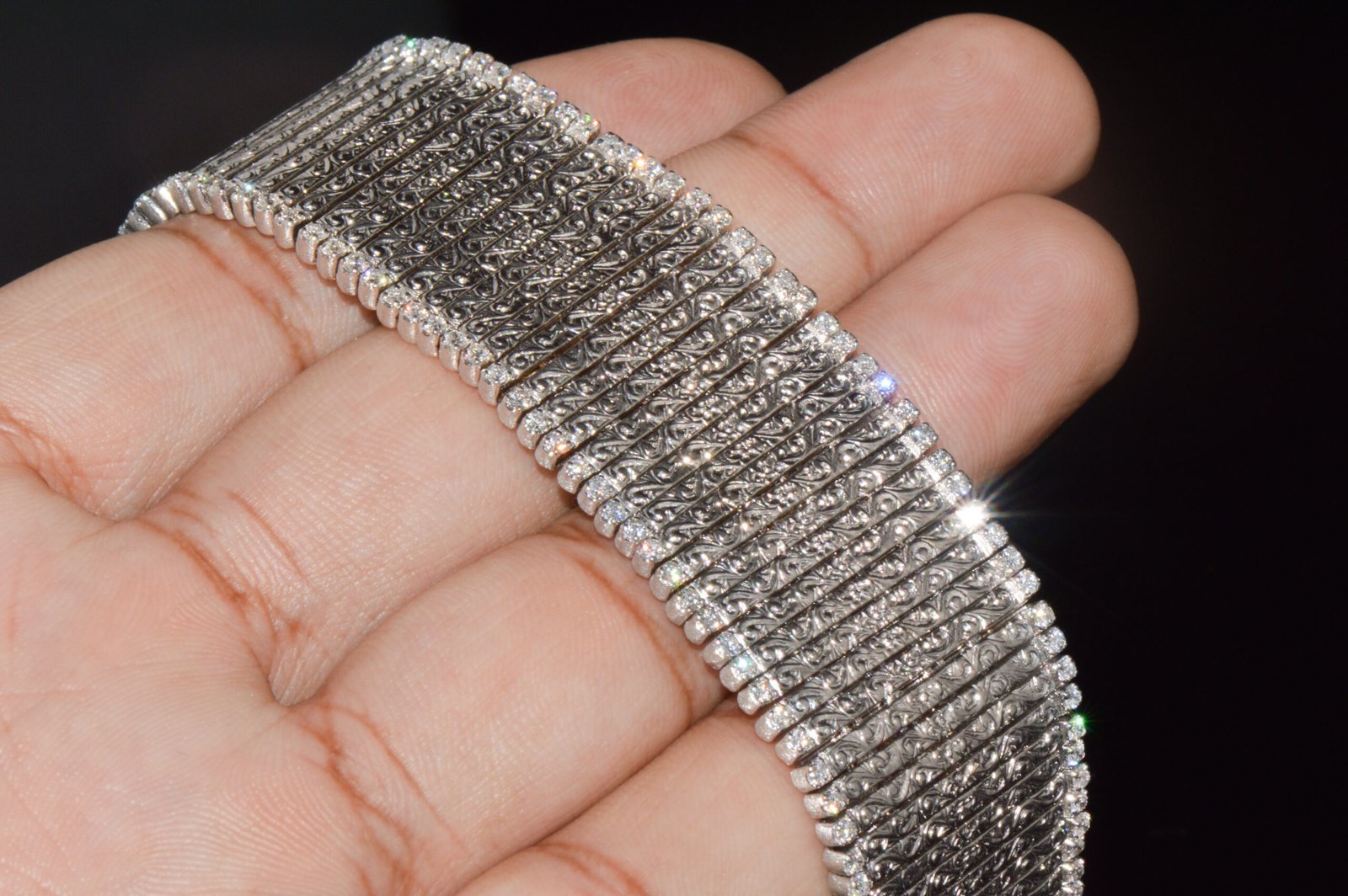 Rare Roberto Coin Natural 3.20CT Diamond Floral Scroll Work Wide Bracelet in Solid 18K White Gold