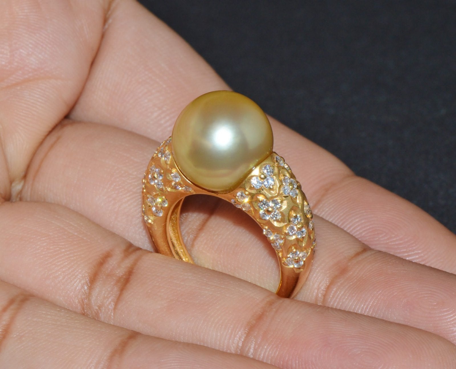 Certified Natural 1.31Cts VS F Diamond 13MM South Sea Pearl 18K Solid Gold Ring