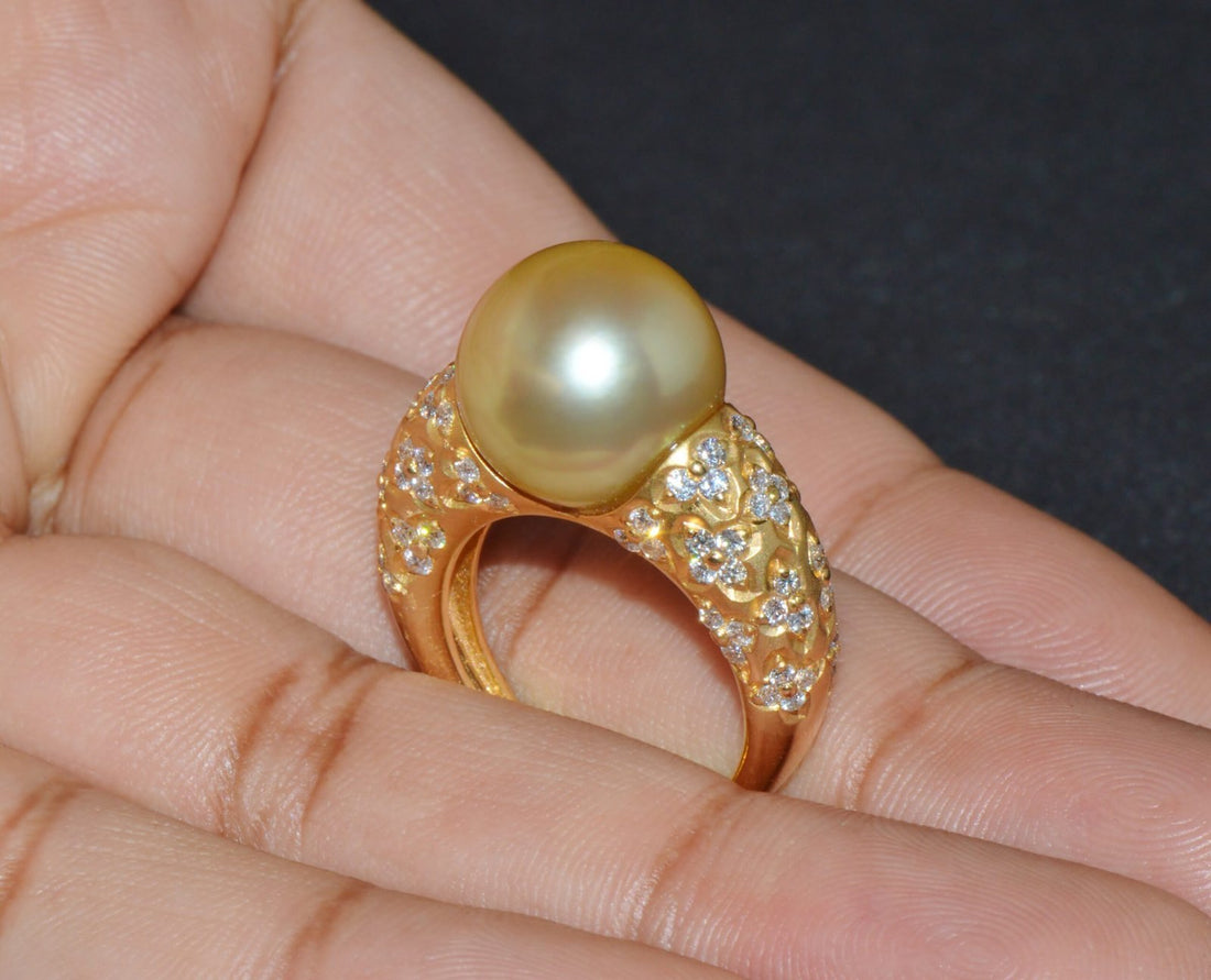 Certified Natural 1.31Cts VS F Diamond 13MM South Sea Pearl 18K Solid Gold Ring
