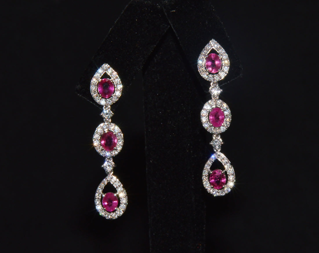 GIA 3.99CTW Natural Burma Ruby & Diamond 18K White Gold Dangle Earrings
