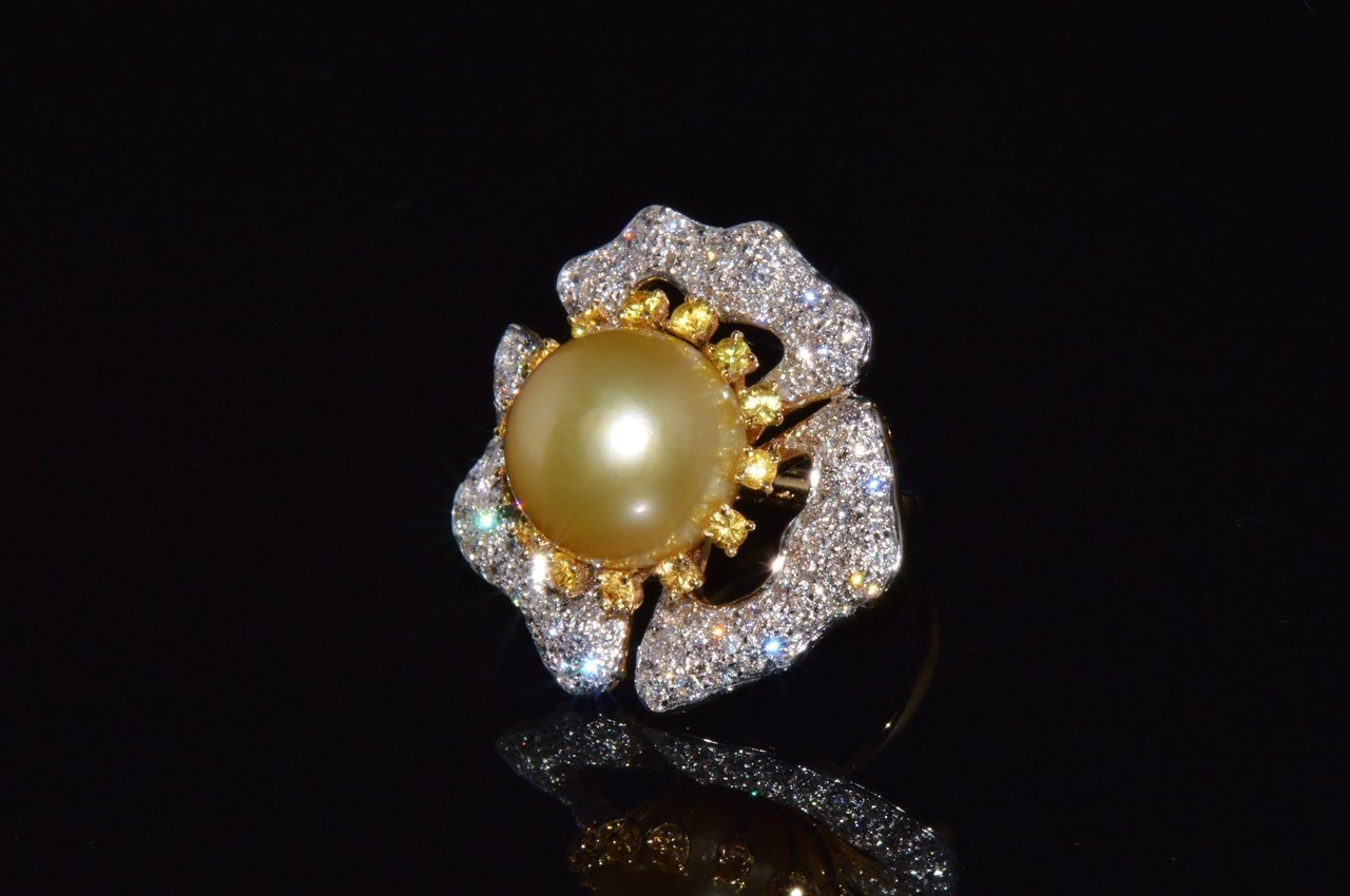 Certified Natural 26Cts VS F Diamond 15MM South Sea Pearl Sapphire 18K Solid Gold Floral Cluster Ring