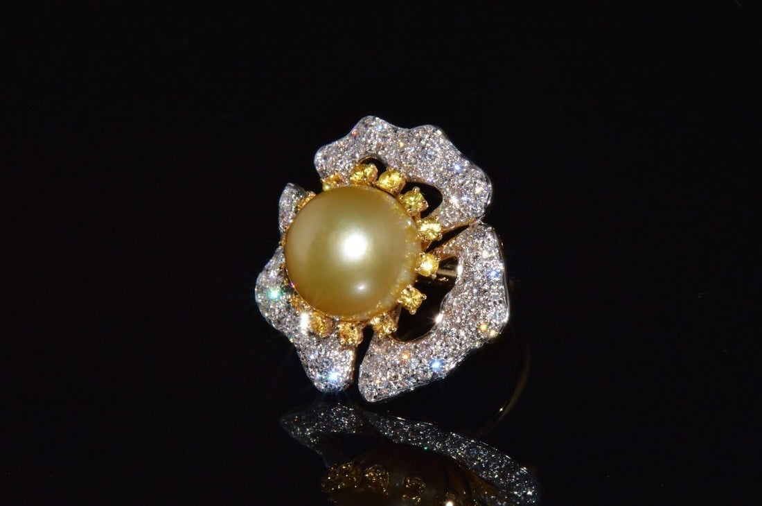 Certified Natural 26Cts VS F Diamond 15MM South Sea Pearl Sapphire 18K Solid Gold Floral Cluster Ring