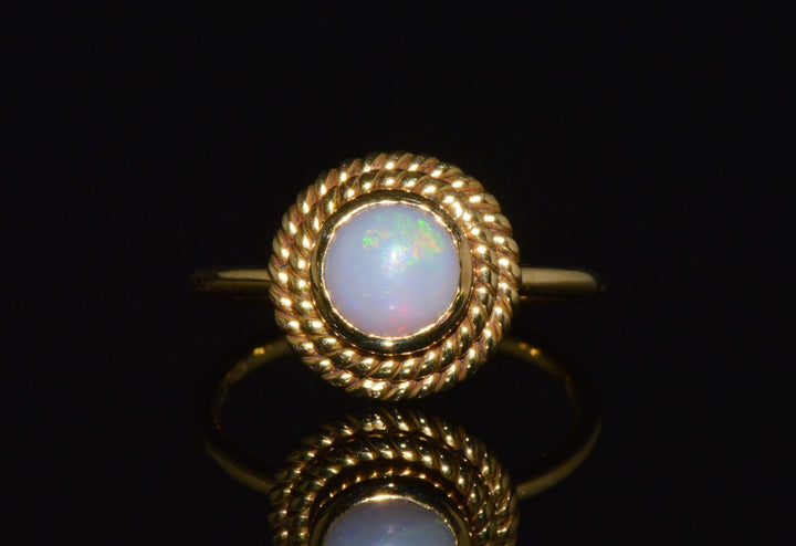 Certified Natural 1.18Cts Cabochon Opal 750 18K Solid Gold Bezel Filigree Stacking Ring
