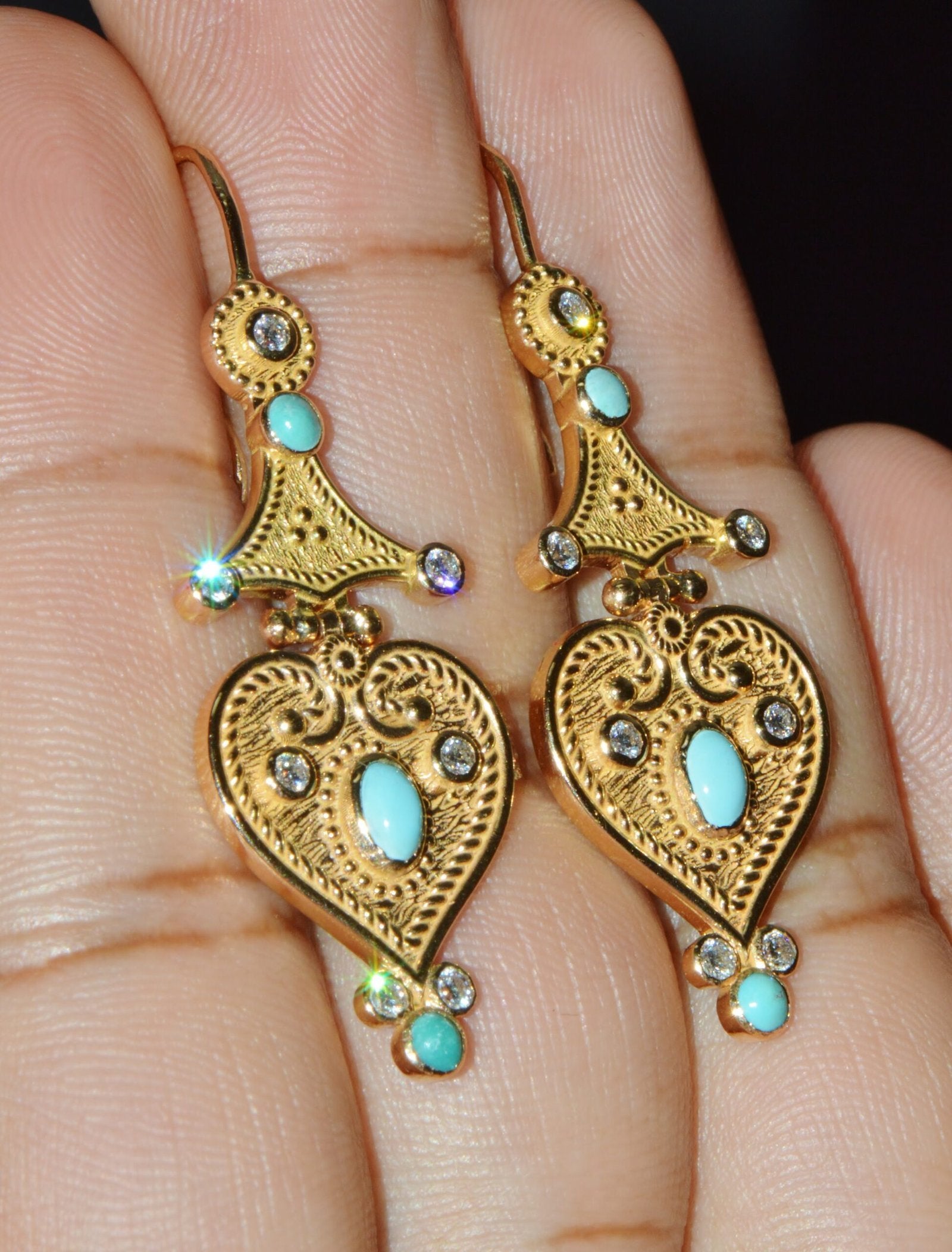Gorgeous Natural Diamond Turquoise 18K Solid Gold Byzantine Beaded Greek Dangle Earrings