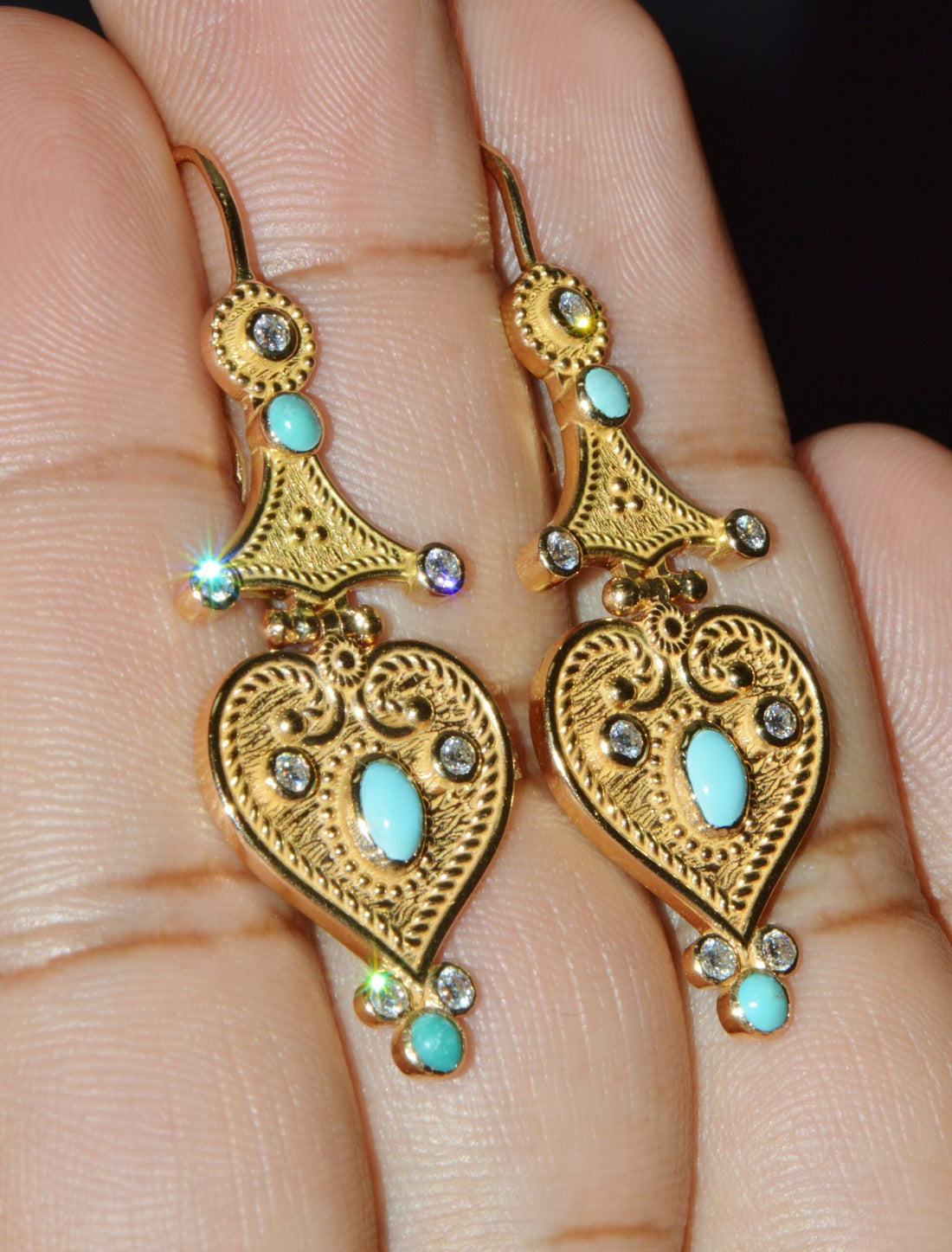 Gorgeous Natural Diamond Turquoise 18K Solid Gold Byzantine Beaded Greek Dangle Earrings