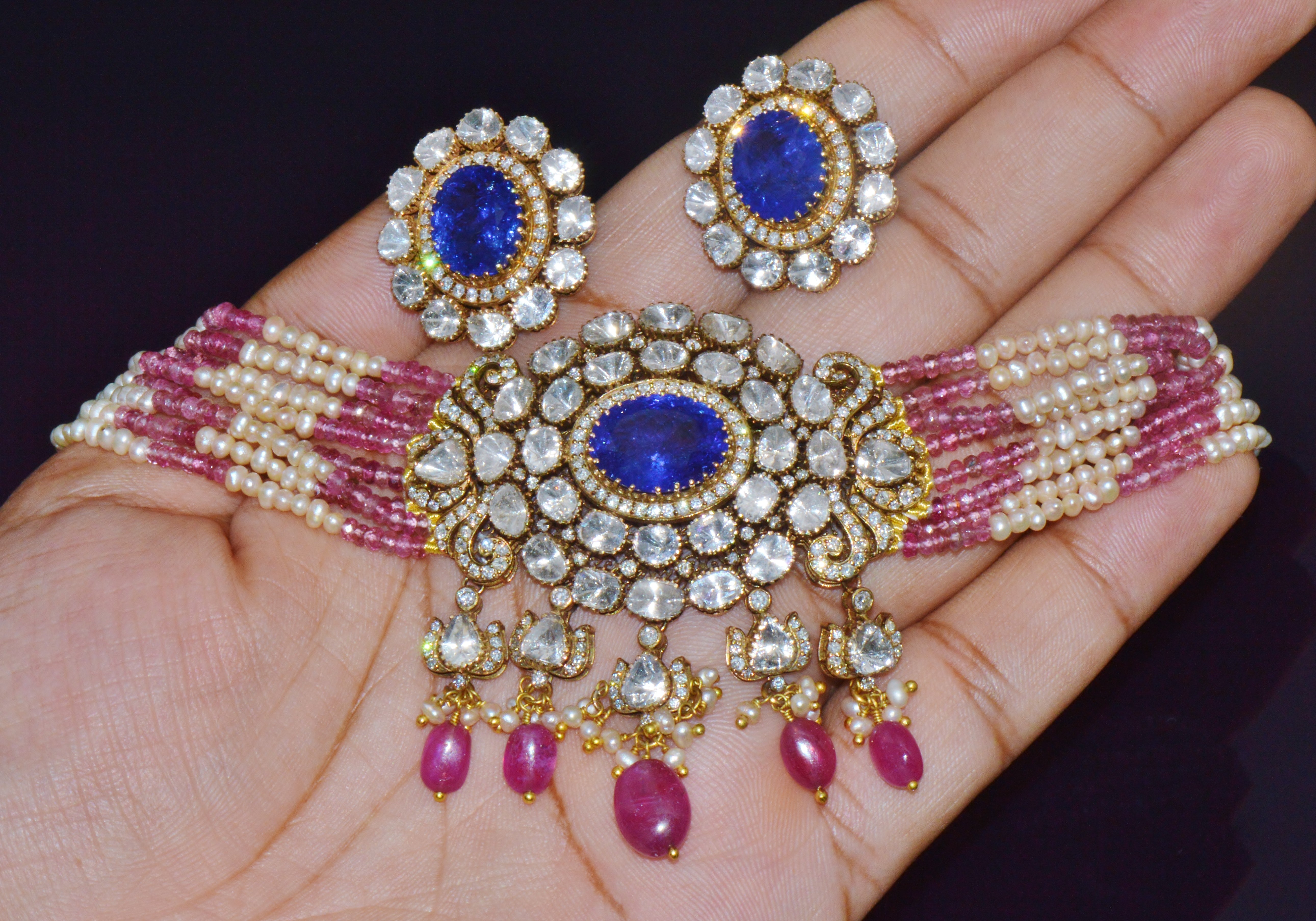 Natural 121.63Cts Tanzanite Uncut Diamond Pearl Ruby Tourmaline Solid 18K Gold Choker Necklace & Earrings Set