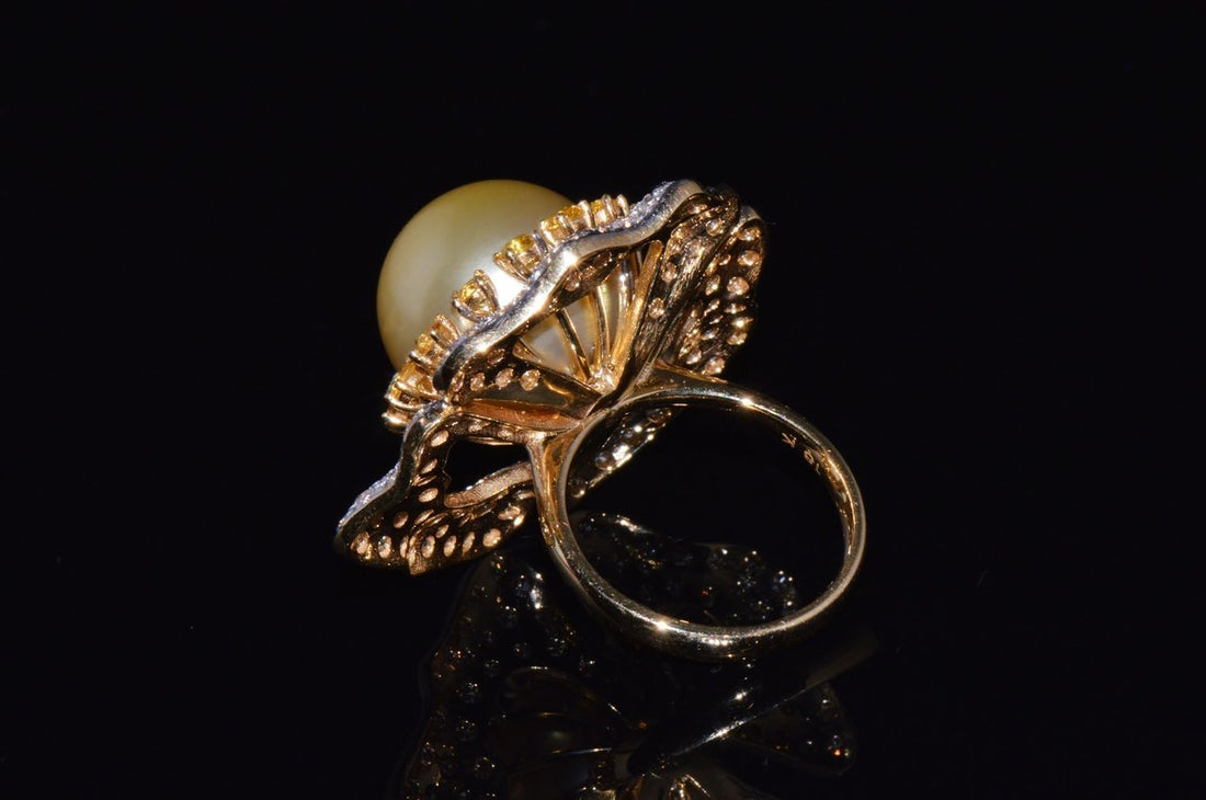 Certified Natural 26Cts VS F Diamond 15MM South Sea Pearl Sapphire 18K Solid Gold Floral Cluster Ring