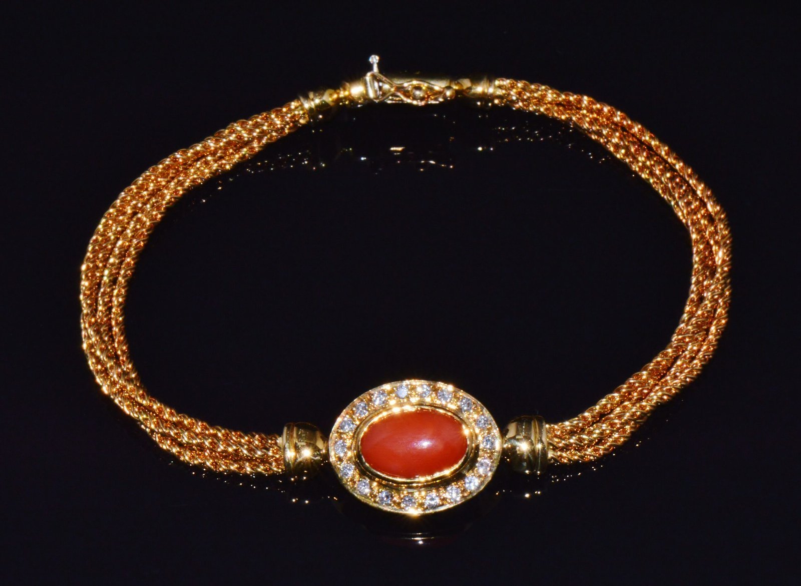 Designer Italian Natural Mediterranean Coral Diamond 18K Solid Gold Multi-Strand Bracelet