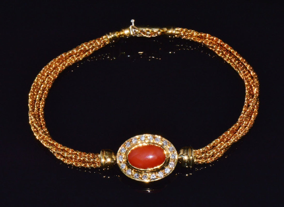 Designer Italian Natural Mediterranean Coral Diamond 18K Solid Gold Multi-Strand Bracelet
