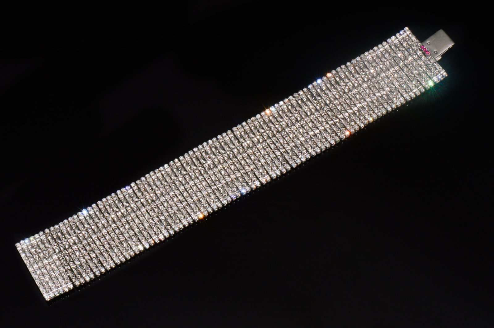 Rare Roberto Coin Natural 3.20CT Diamond Floral Scroll Work Wide Bracelet in Solid 18K White Gold