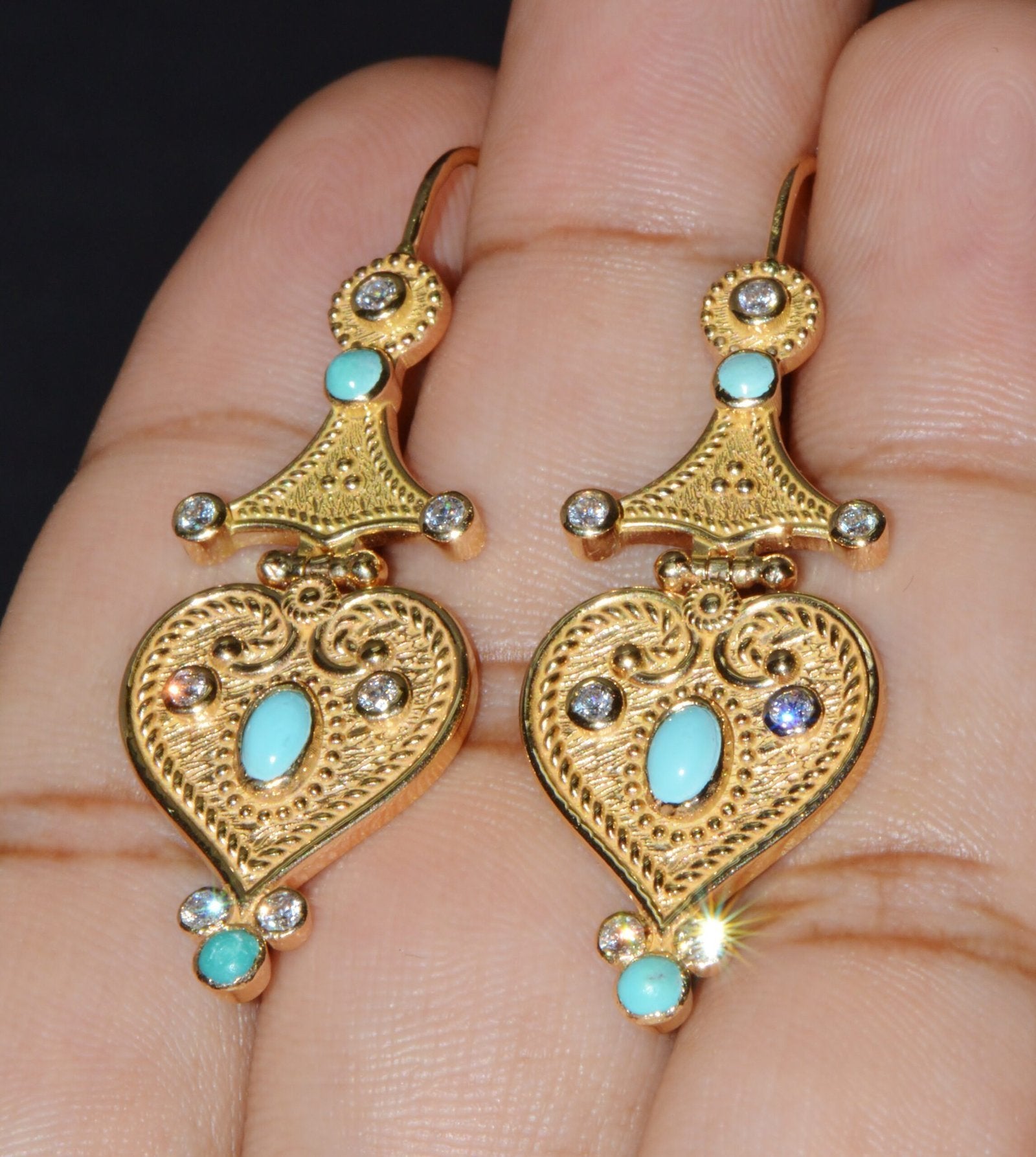Gorgeous Natural Diamond Turquoise 18K Solid Gold Byzantine Beaded Greek Dangle Earrings