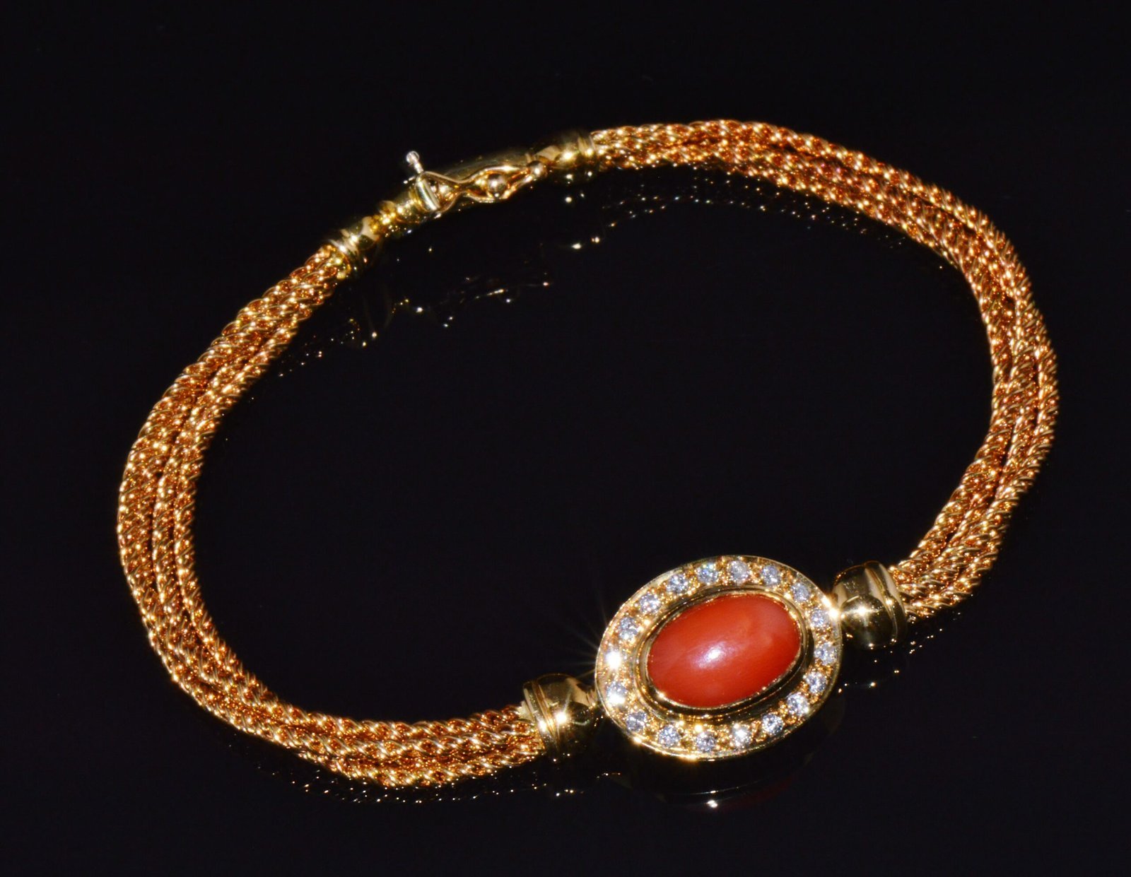 Designer Italian Natural Mediterranean Coral Diamond 18K Solid Gold Multi-Strand Bracelet